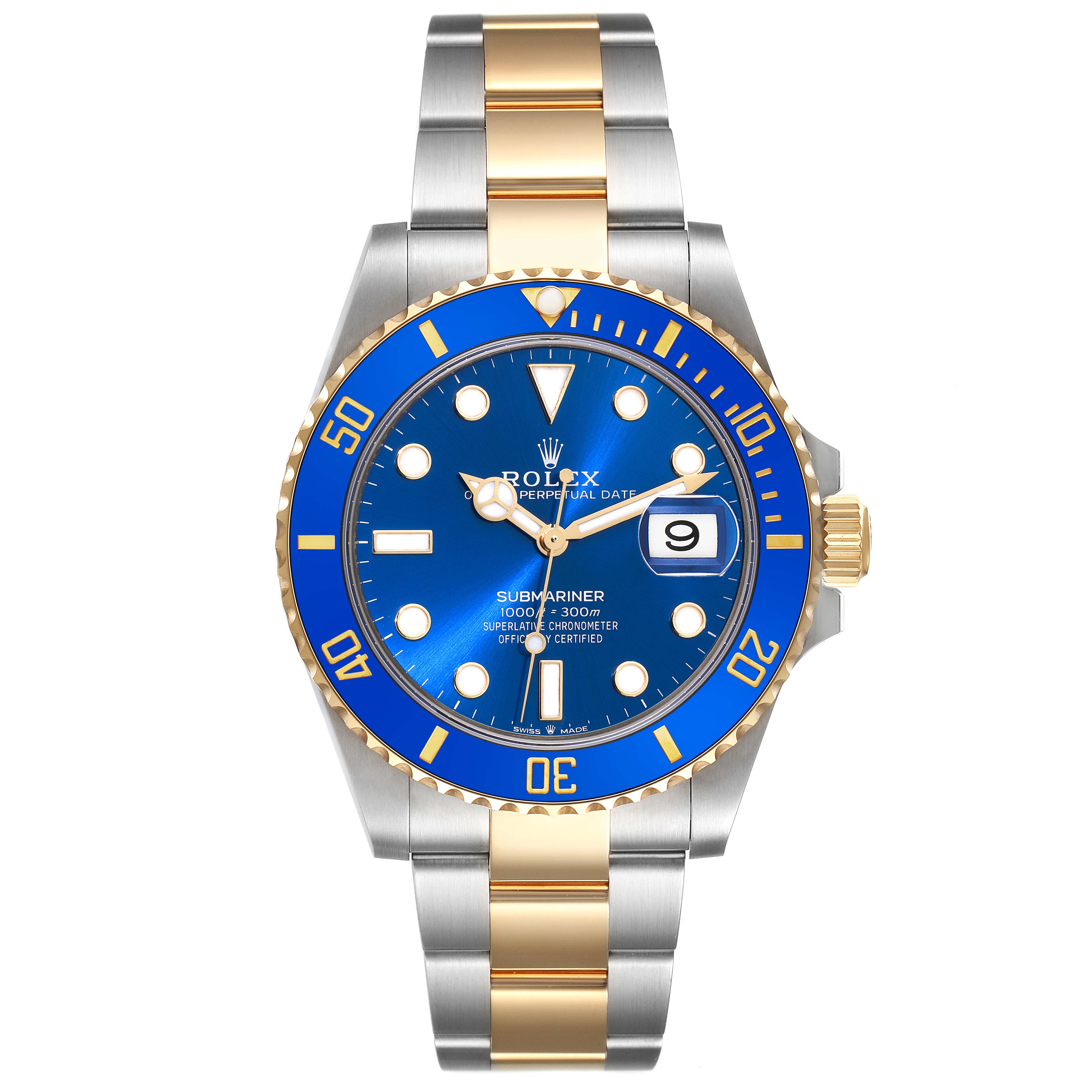 This image shows a front-facing view of a Rolex Submariner 126613LB Men's Steel and Gold (two tone) Blue Dial 126613LB Men's Steel and Gold (two tone) Blue Dial watch, highlighting its blue dial, date window, and two-tone bracelet.