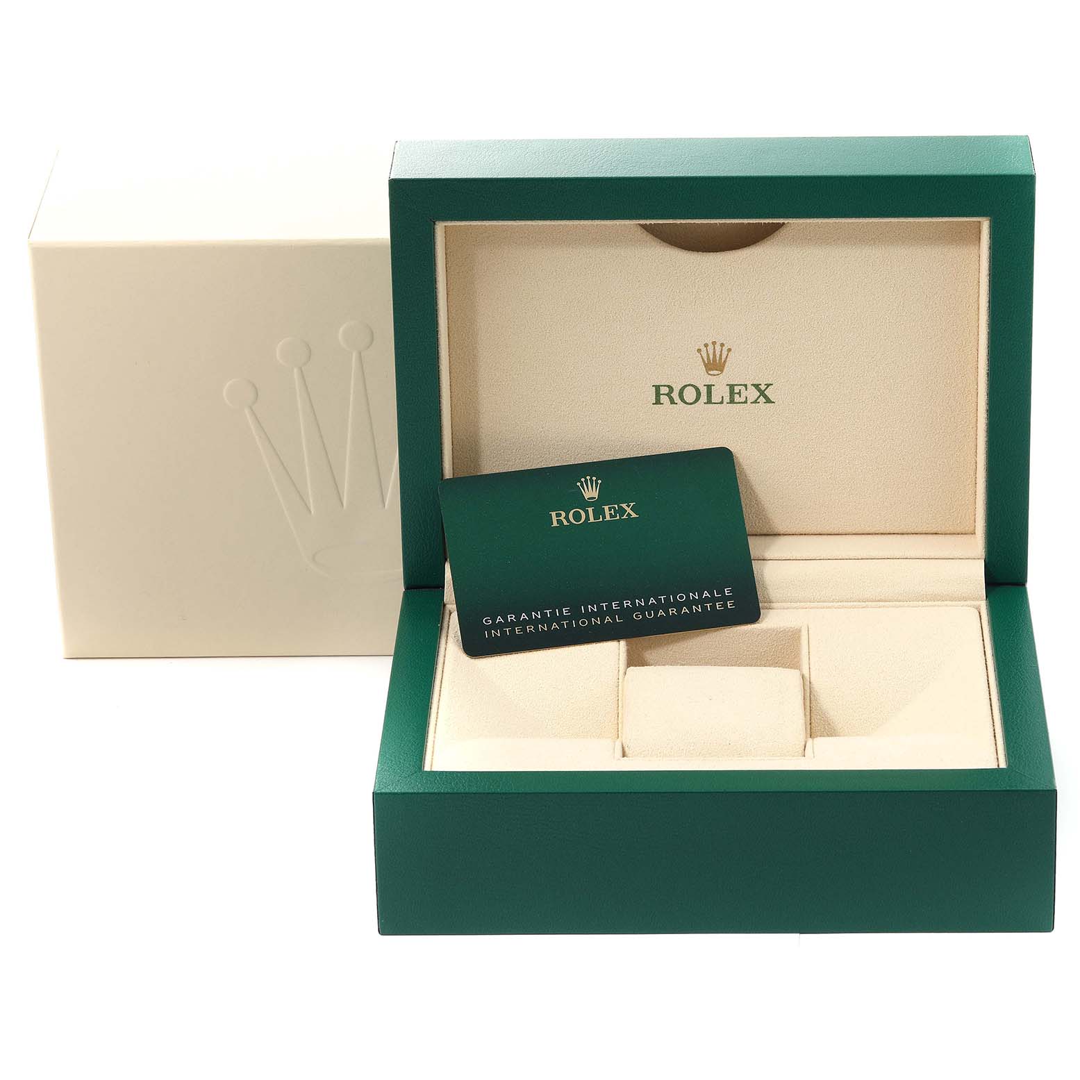 The image shows a Rolex Submariner 126613LB Men's Steel and Gold (two tone) Blue Dial 126613LB Men's Steel and Gold (two tone) Blue Dial watch box with an international guarantee card inside.