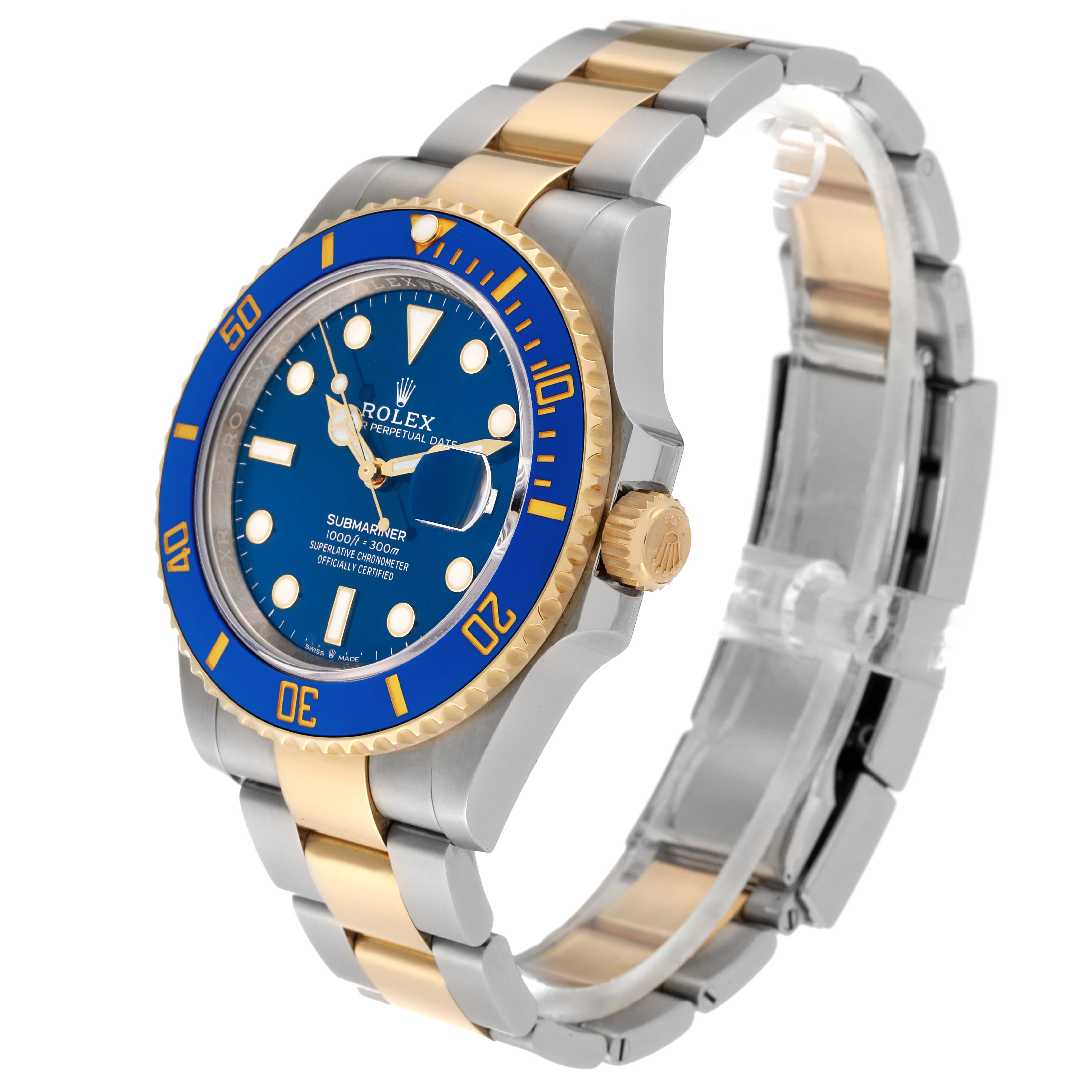 This image shows a side and front angle of a Rolex Submariner 126613LB Men's Steel and Gold (two tone) Blue Dial 126613LB Men's Steel and Gold (two tone) Blue Dial watch, highlighting its two-tone bezel, dial, and bracelet.