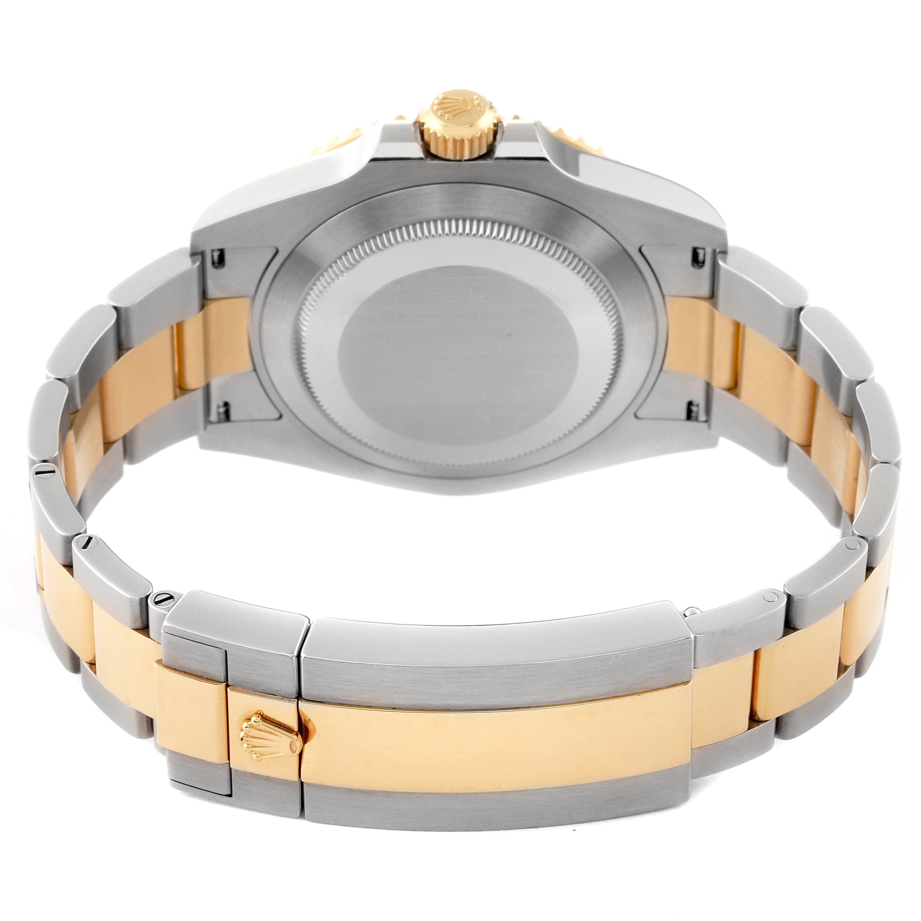 This image shows the rear view of a Rolex Submariner 126613LB Men's Steel and Gold (two tone) Blue Dial 126613LB Men's Steel and Gold (two tone) Blue Dial watch, highlighting the case back and the two-tone bracelet.