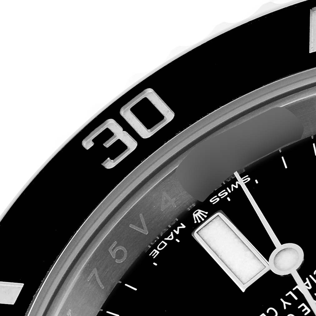The image shows a close-up of the bezel and dial of a Rolex Submariner 126610LN Men's Stainless Steel Black Dial 126610LN Men's Stainless Steel Black Dial watch, highlighting the 30-minute mark.