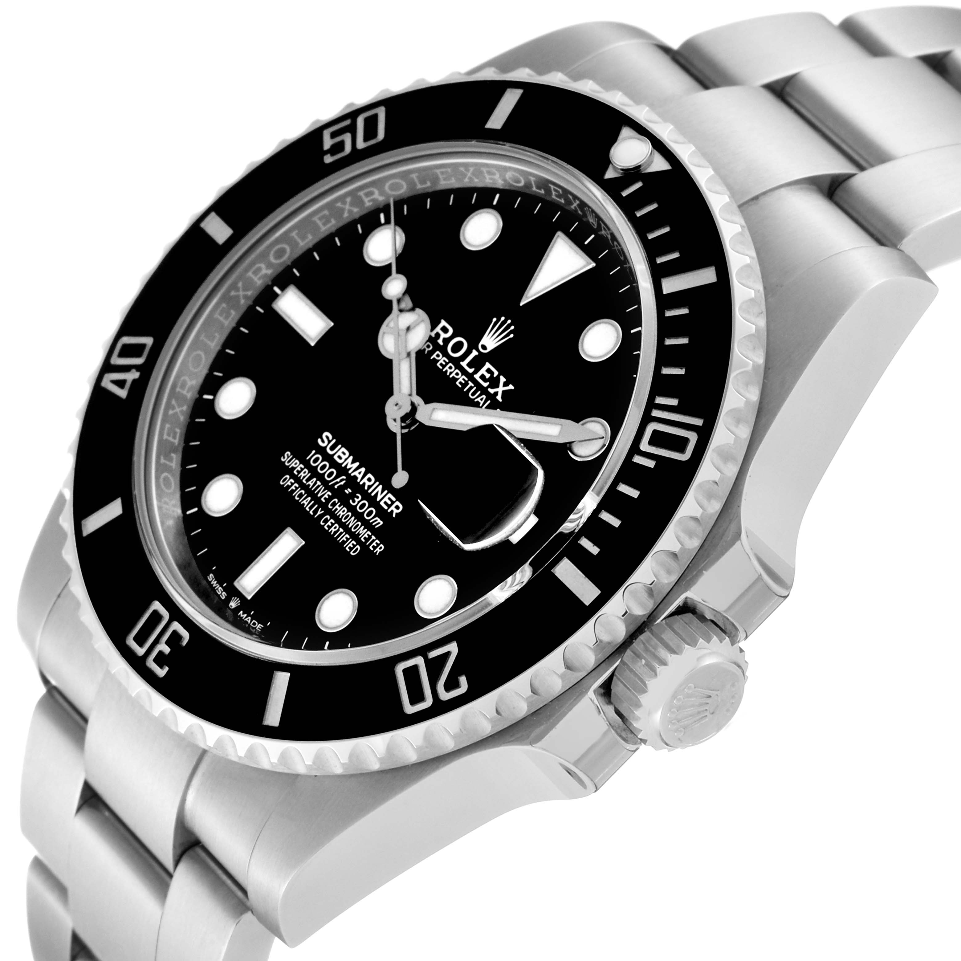 This image shows a Rolex Submariner 126610LN Men's Stainless Steel Black Dial 126610LN Men's Stainless Steel Black Dial watch viewed at an angle that showcases the bezel, dial, crown, and part of the bracelet.