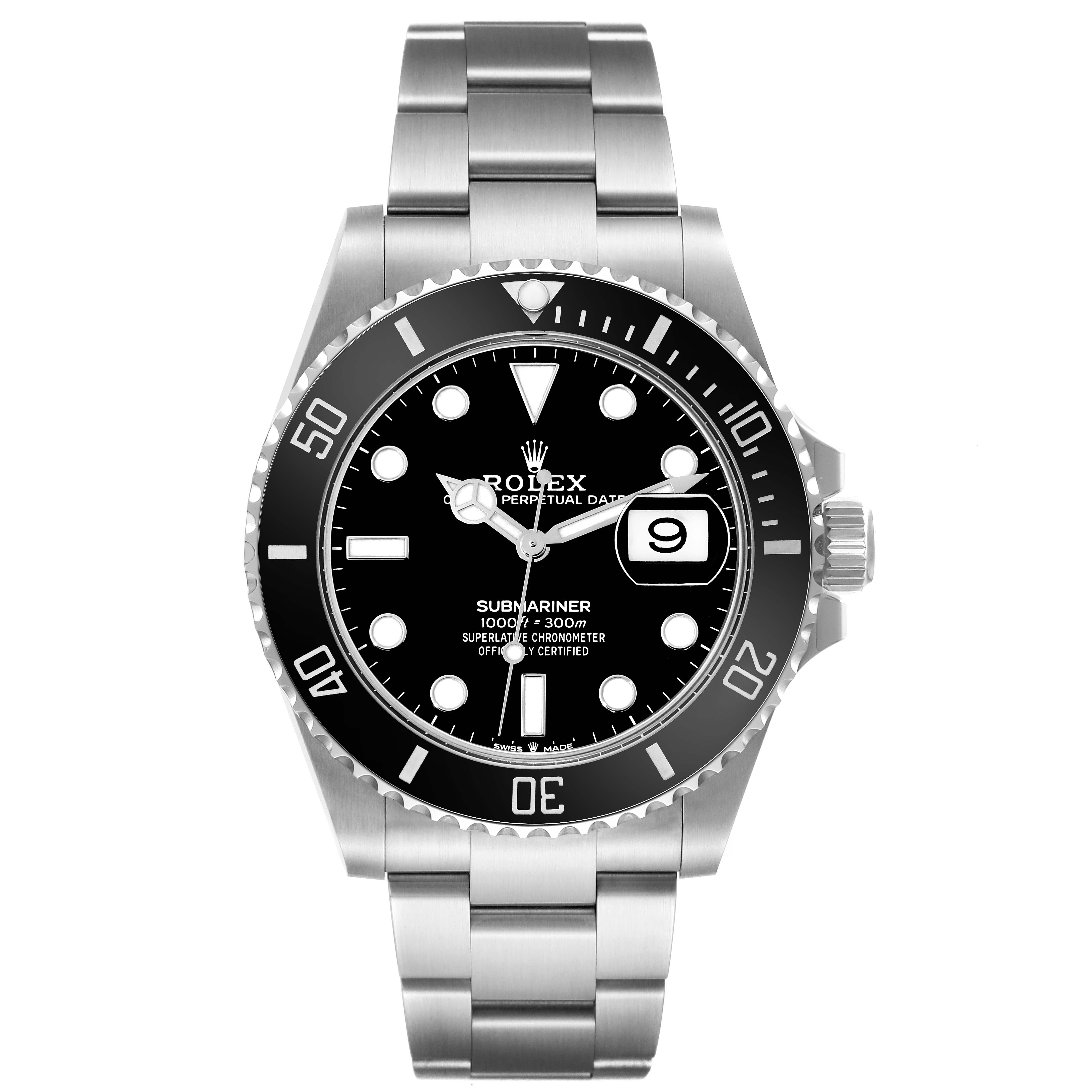 The image shows a front view of the Rolex Submariner 126610LN Men's Stainless Steel Black Dial 126610LN Men's Stainless Steel Black Dial watch, highlighting its dial, bezel, and bracelet.