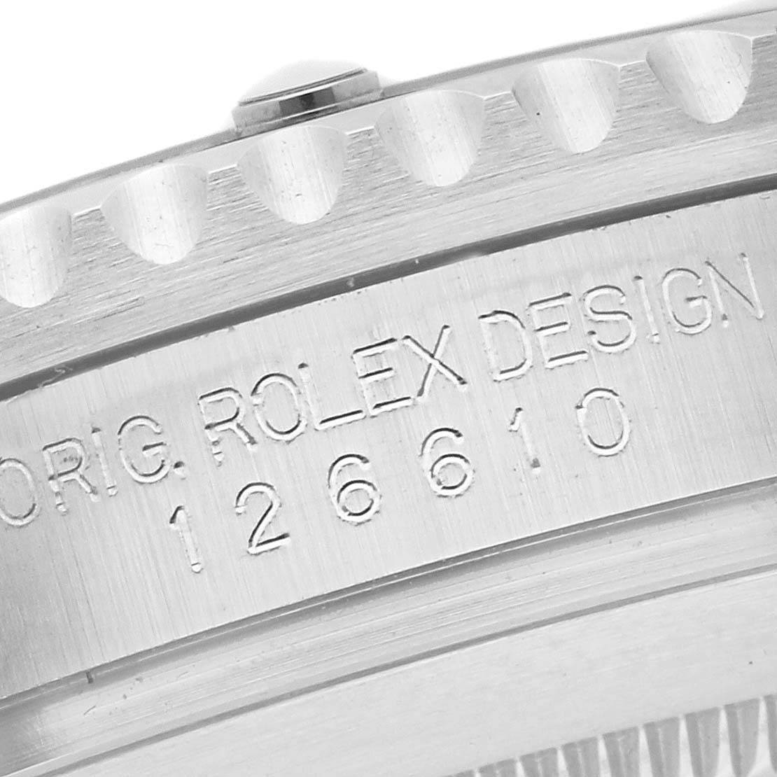 This close-up image shows the side view of a Rolex Submariner 126610LN Men's Stainless Steel Black Dial 126610LN Men's Stainless Steel Black Dial, highlighting the engraved model number and "Rolex Design" inscription.