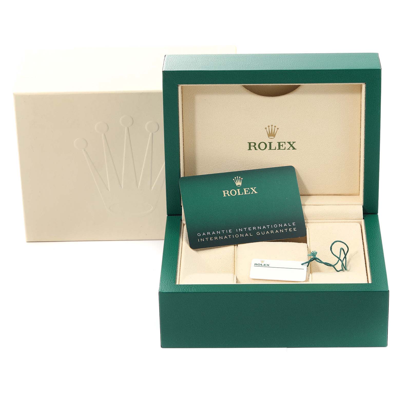 The image shows a Rolex Submariner 126610LN Men's Stainless Steel Black Dial 126610LN Men's Stainless Steel Black Dial watch box with international guarantee card, tag, and packaging materials.