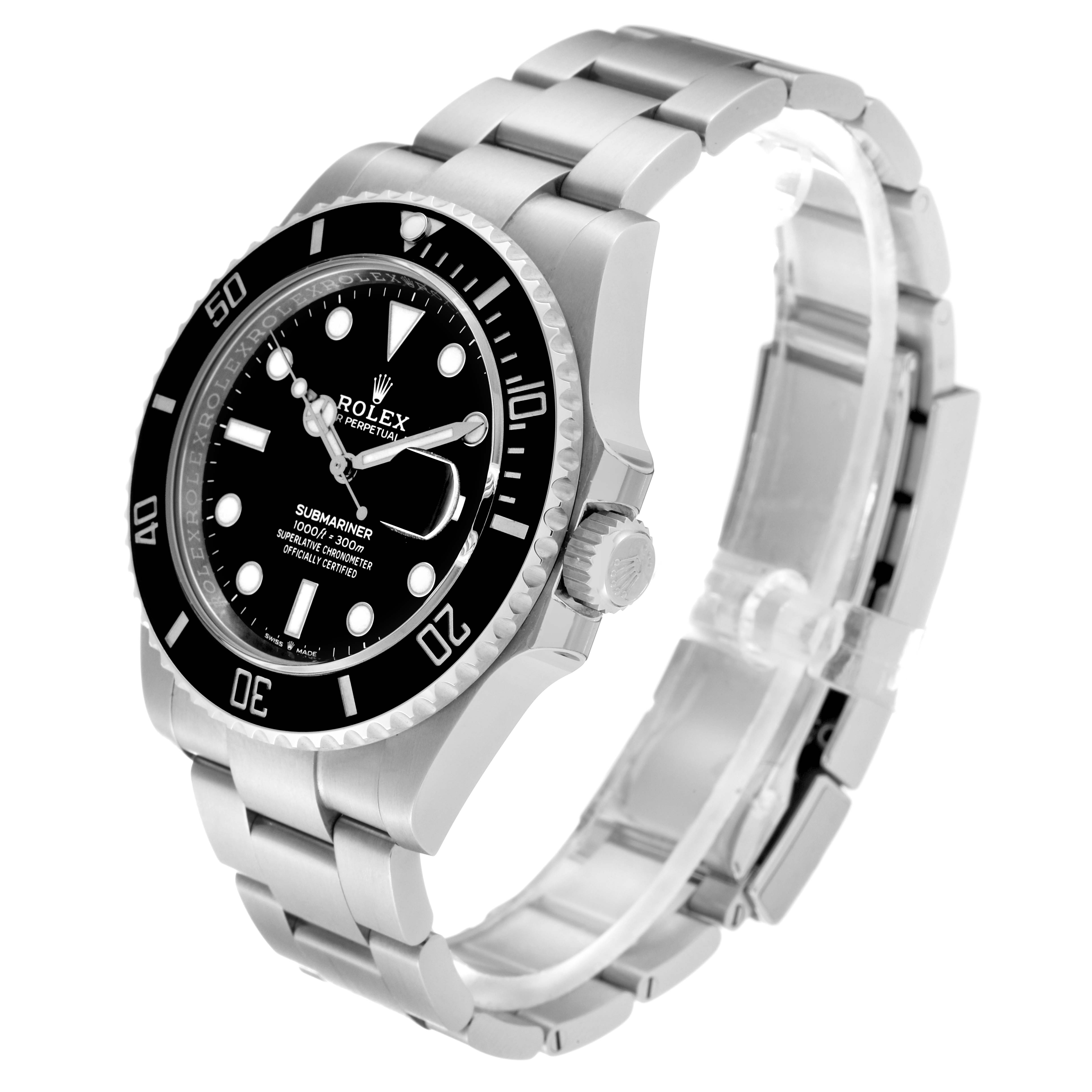 This image shows a Rolex Submariner 126610LN Men's Stainless Steel Black Dial 126610LN Men's Stainless Steel Black Dial watch at an angled side view, highlighting its face, bezel, crown, and metal bracelet.