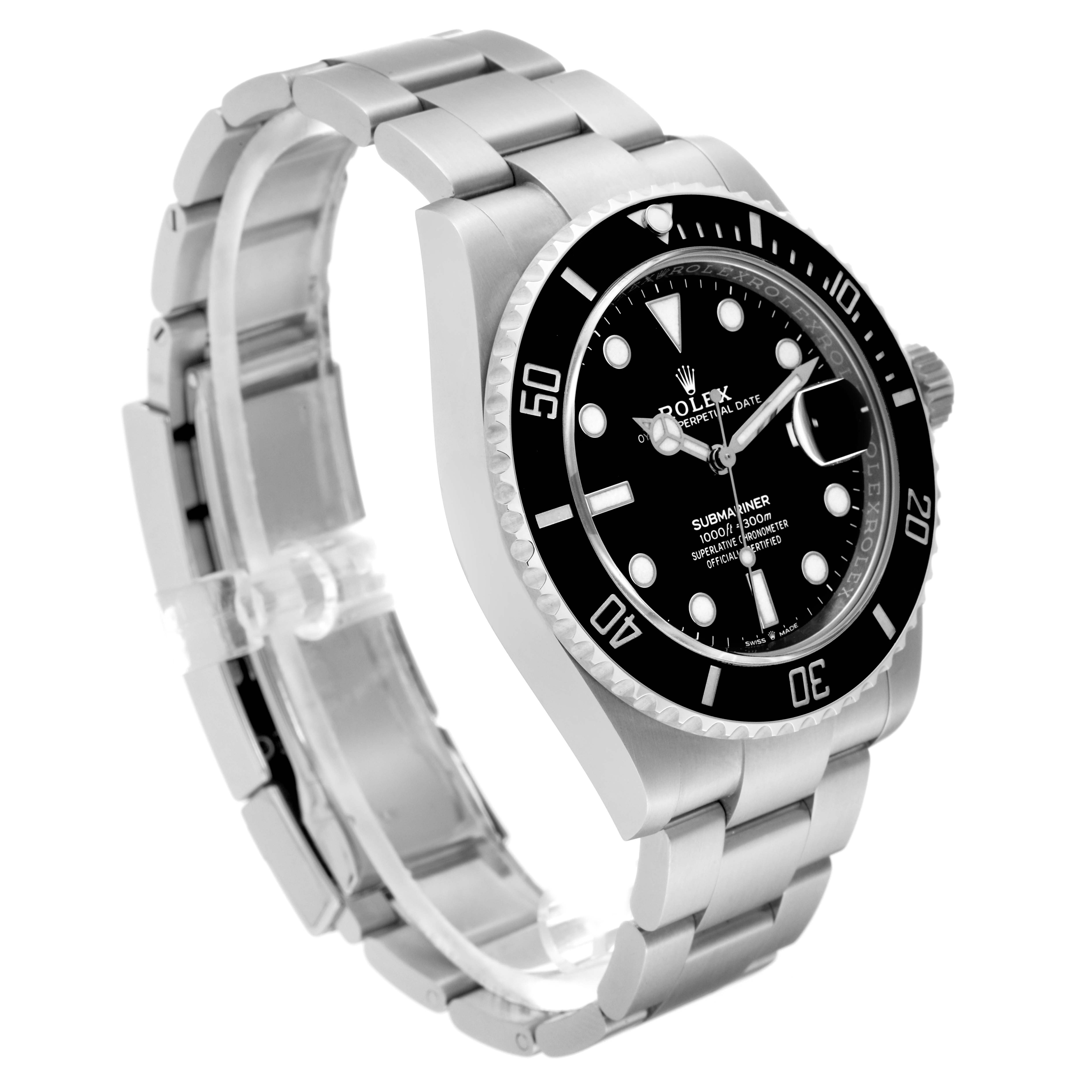 The image shows a Rolex Submariner 126610LN Men's Stainless Steel Black Dial 126610LN Men's Stainless Steel Black Dial watch at a three-quarter angle, highlighting the black dial, bezel, and stainless steel bracelet.