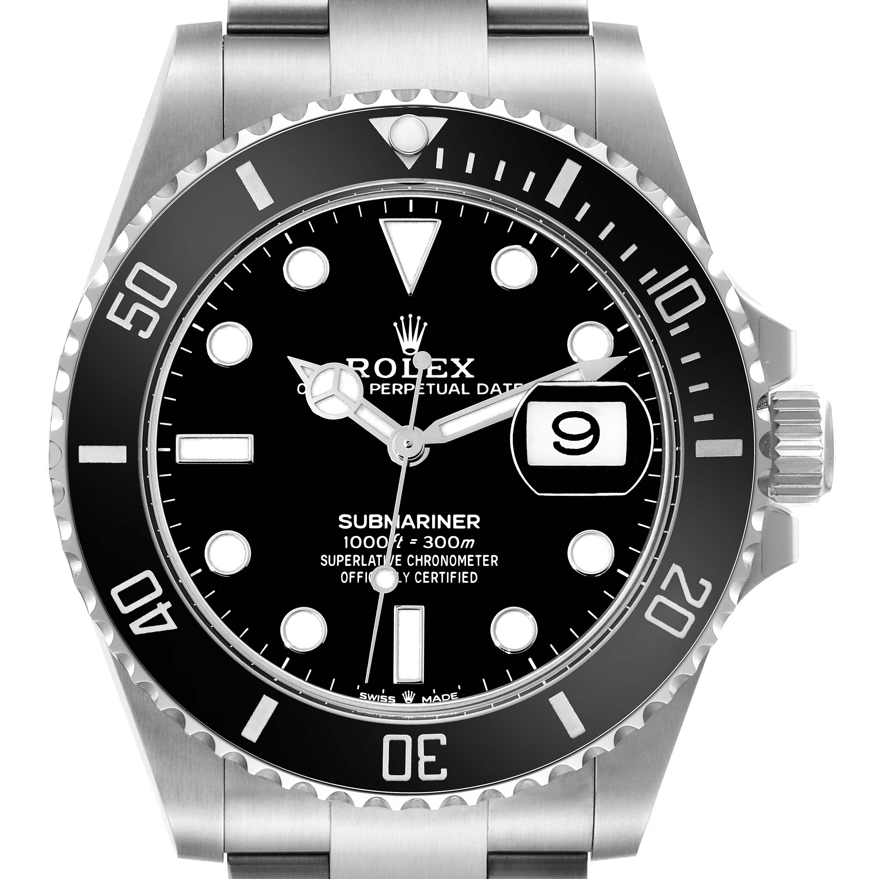 This image shows a front view of the Rolex Submariner 126610LN Men's Stainless Steel Black Dial 126610LN Men's Stainless Steel Black Dial watch, highlighting its dial, bezel, and bracelet.