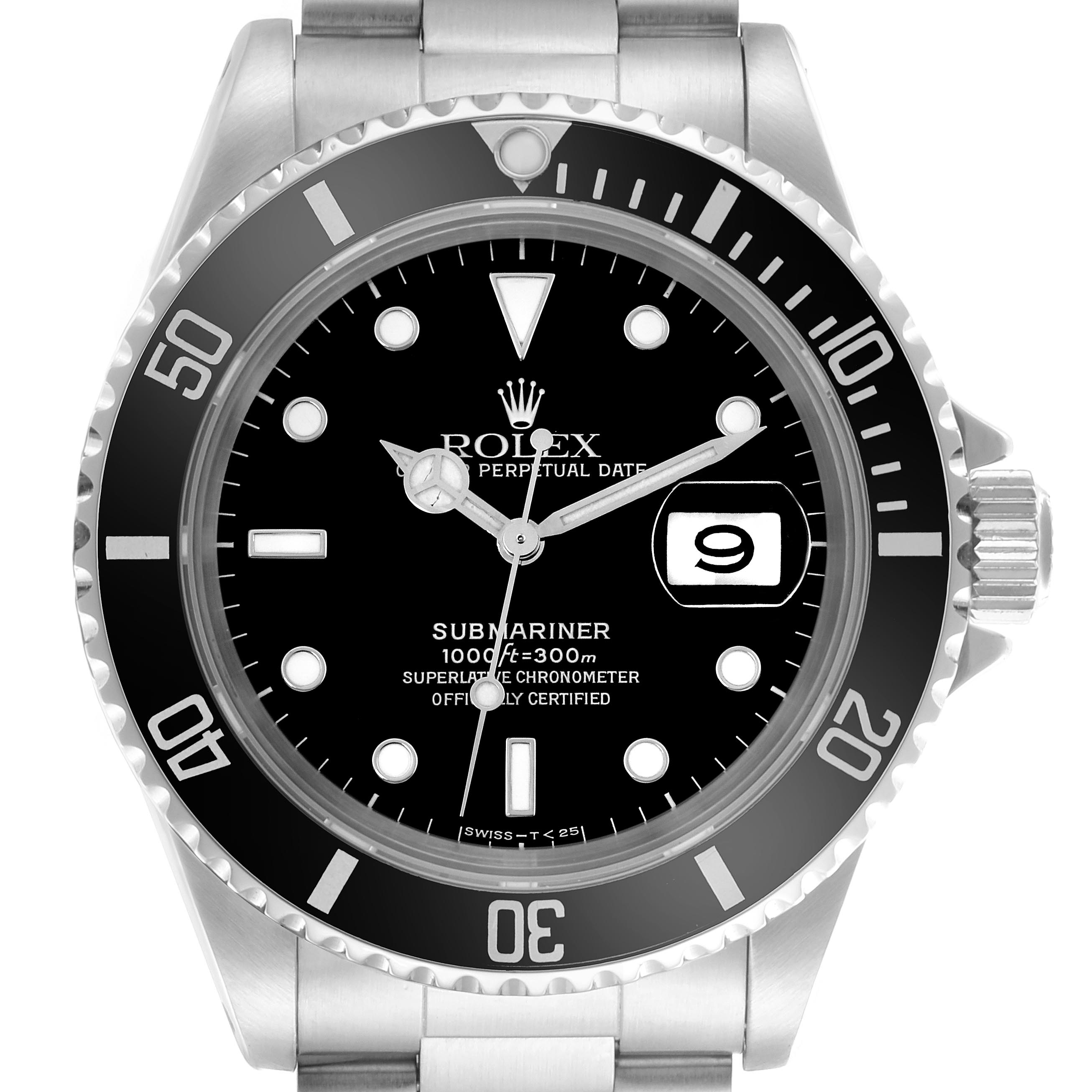 The Rolex Submariner 16610 Men's Stainless Steel Black Dial 16610 Men's Stainless Steel Black Dial is shown from the front, highlighting the dial, bezel, hands, date window, and part of the bracelet.