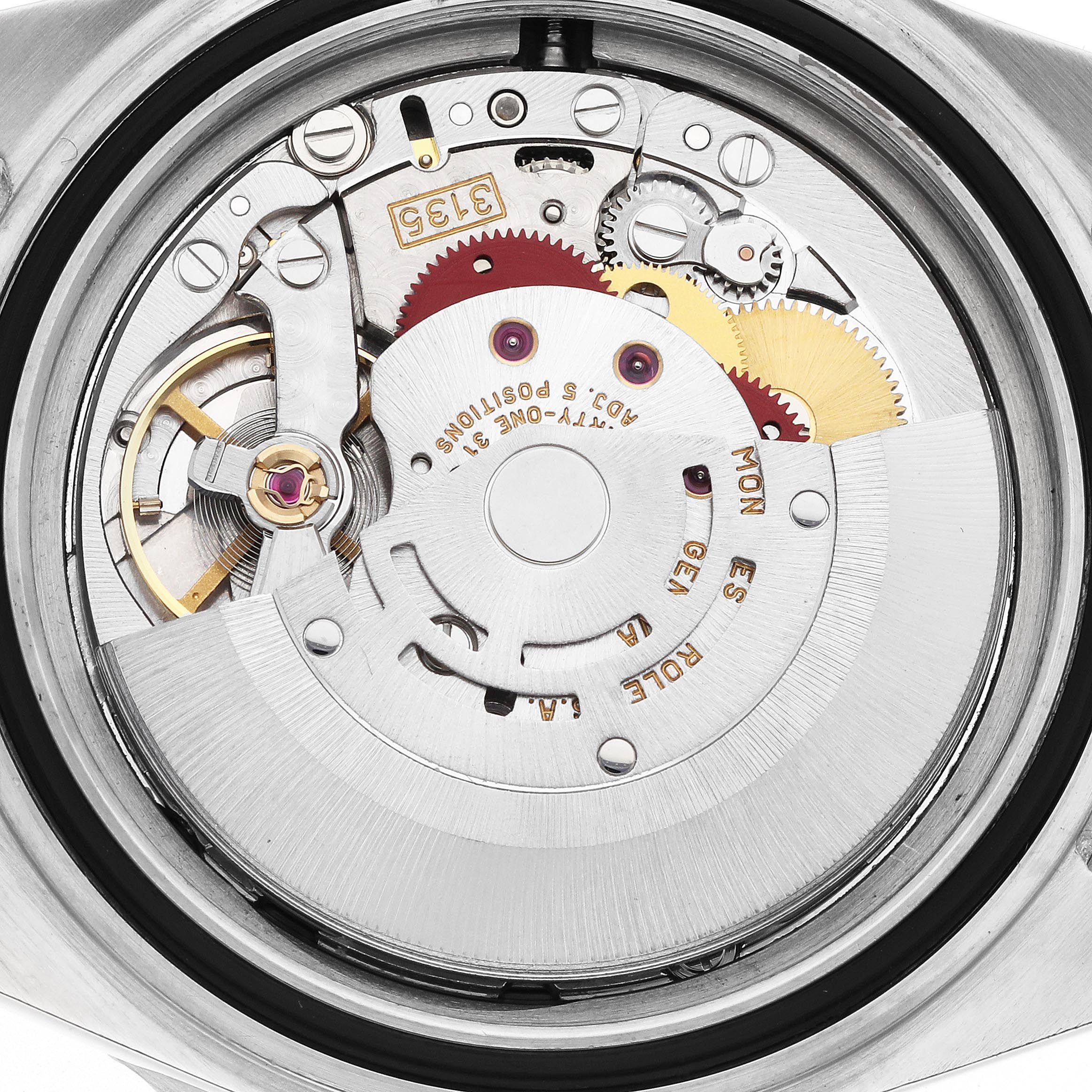 The image shows the open case back of a Rolex Submariner 16610 Men's Stainless Steel Black Dial 16610 Men's Stainless Steel Black Dial, revealing the intricate movement parts.