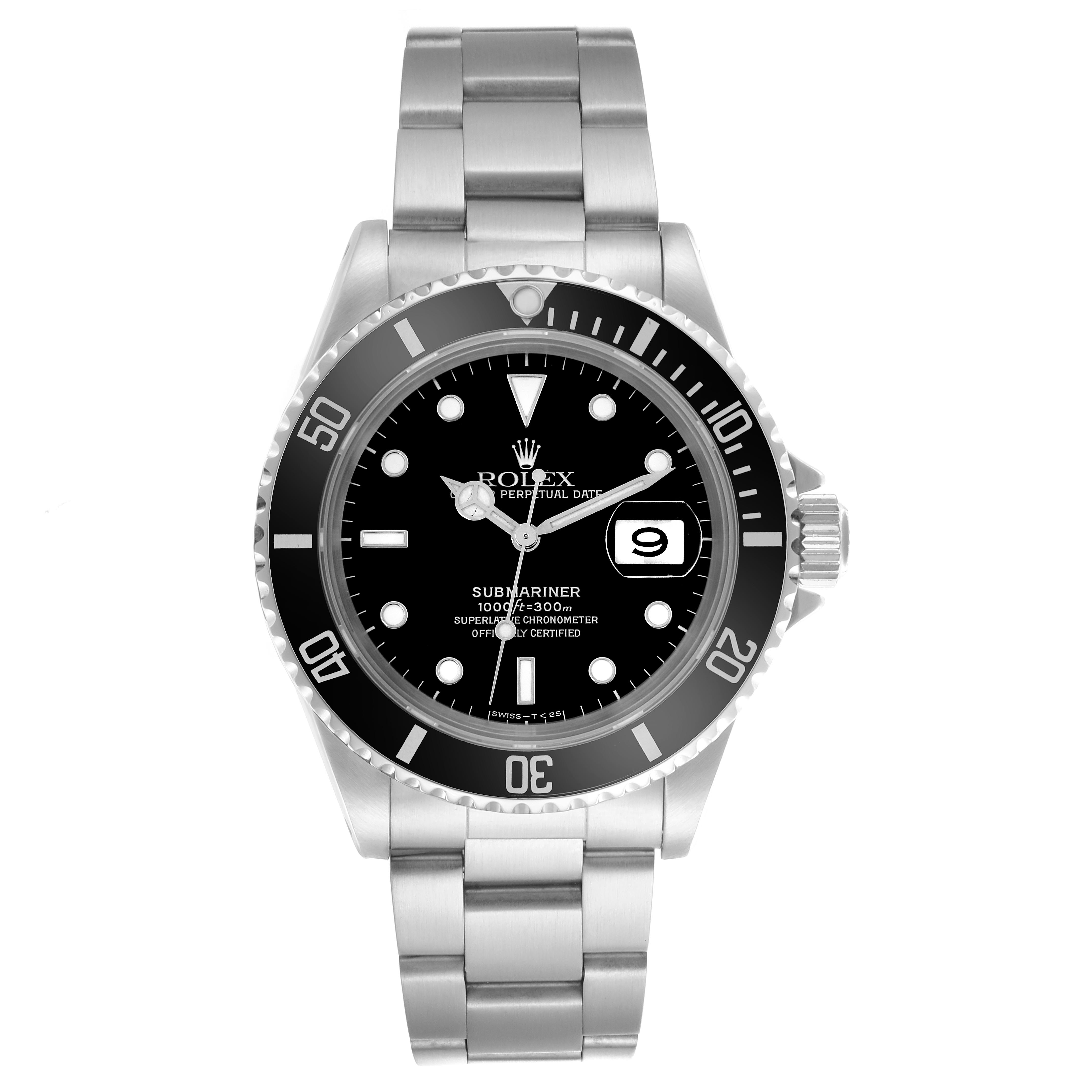 This image shows a front view of the Rolex Submariner 16610 Men's Stainless Steel Black Dial 16610 Men's Stainless Steel Black Dial watch, displaying its face, bezel, bracelet, and crown.