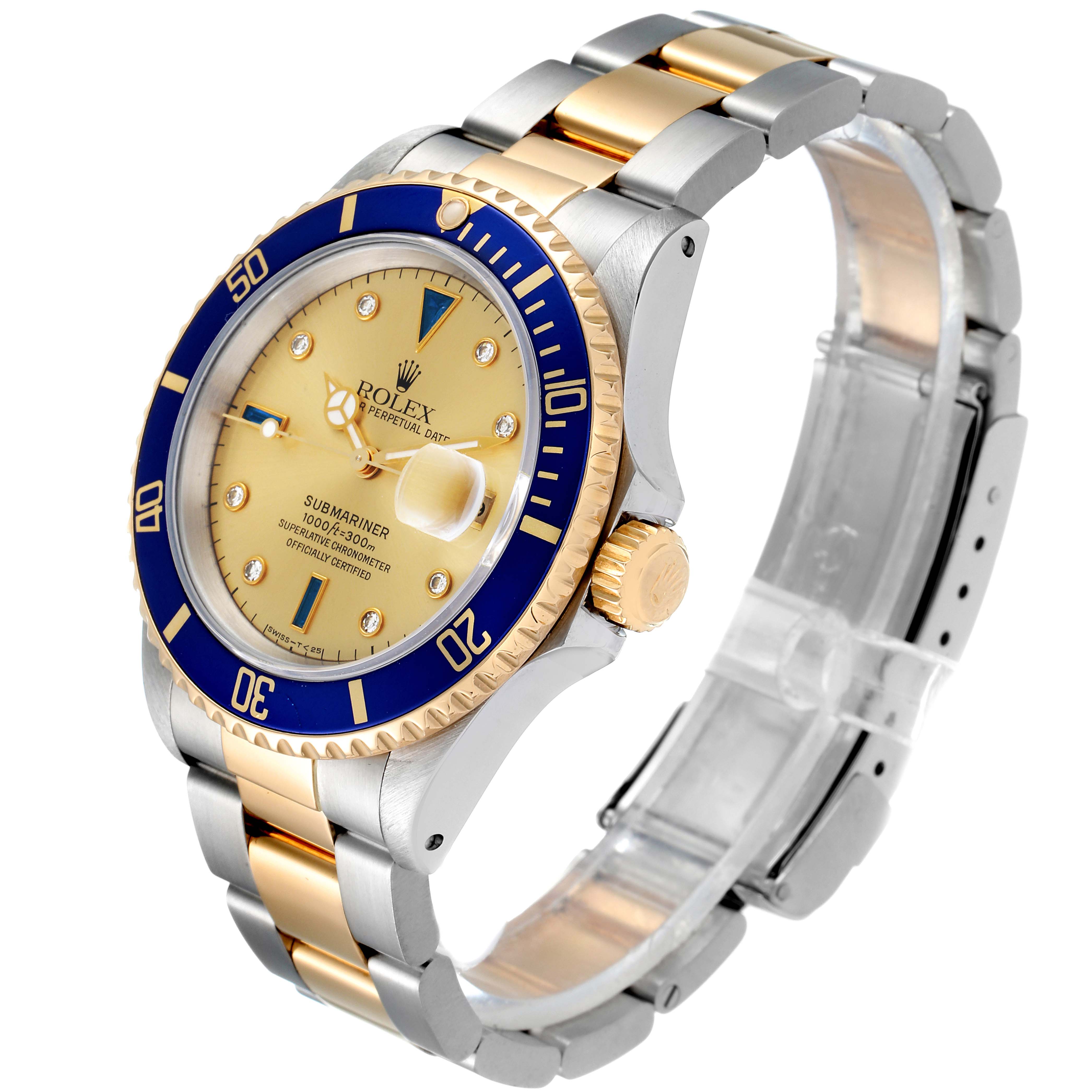 The Rolex Submariner 16613 Men
s Steel and Gold (two tone) Champagne Dial 16613 Men
s Steel and Gold (two tone) Champagne Dial watch is shown at an angled side view, highlighting the bezel, dial, crown, and bracelet.