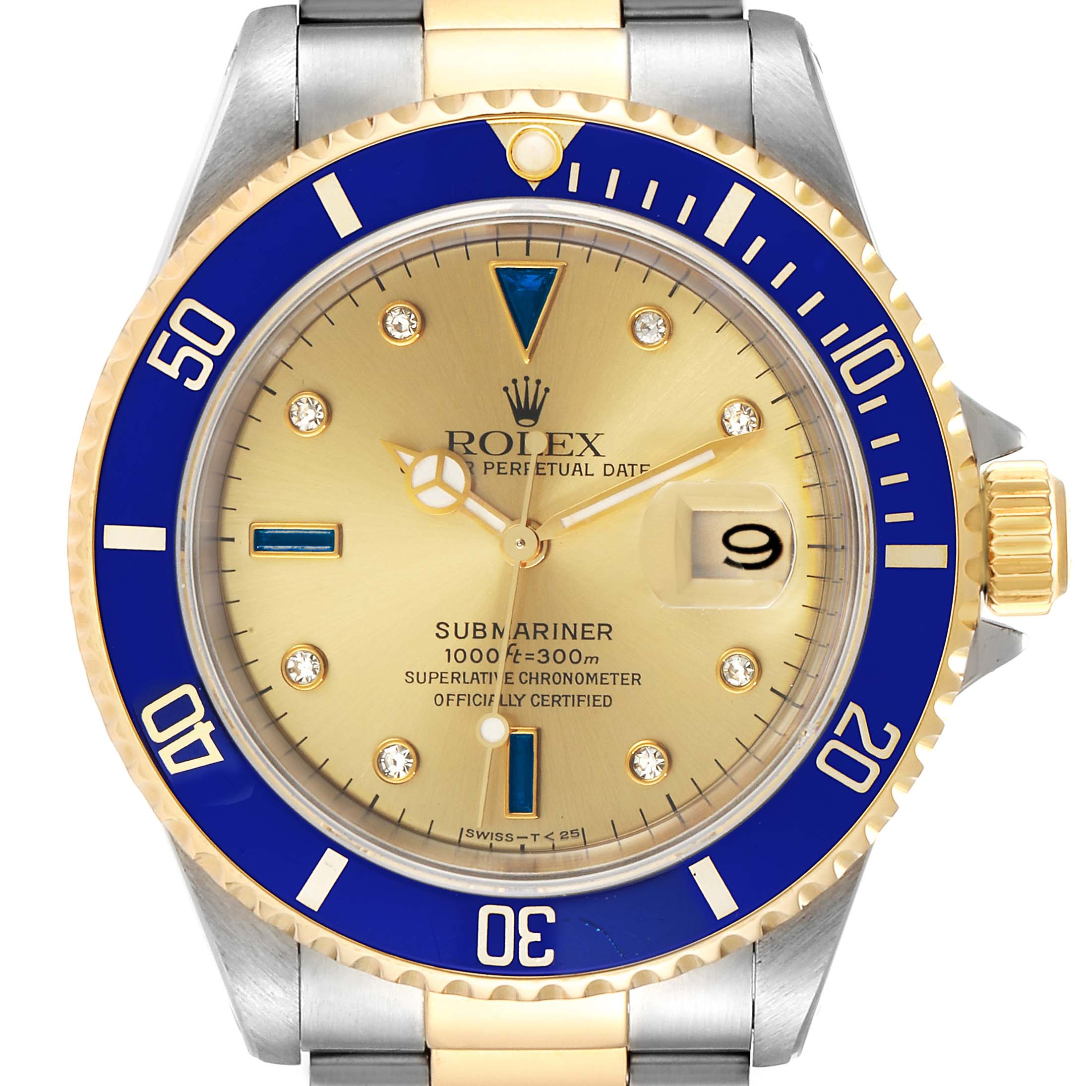 The image shows a front view of a Rolex Submariner 16613 Men
s Steel and Gold (two tone) Champagne Dial 16613 Men
s Steel and Gold (two tone) Champagne Dial watch, displaying the face, bezel, and part of the bracelet.