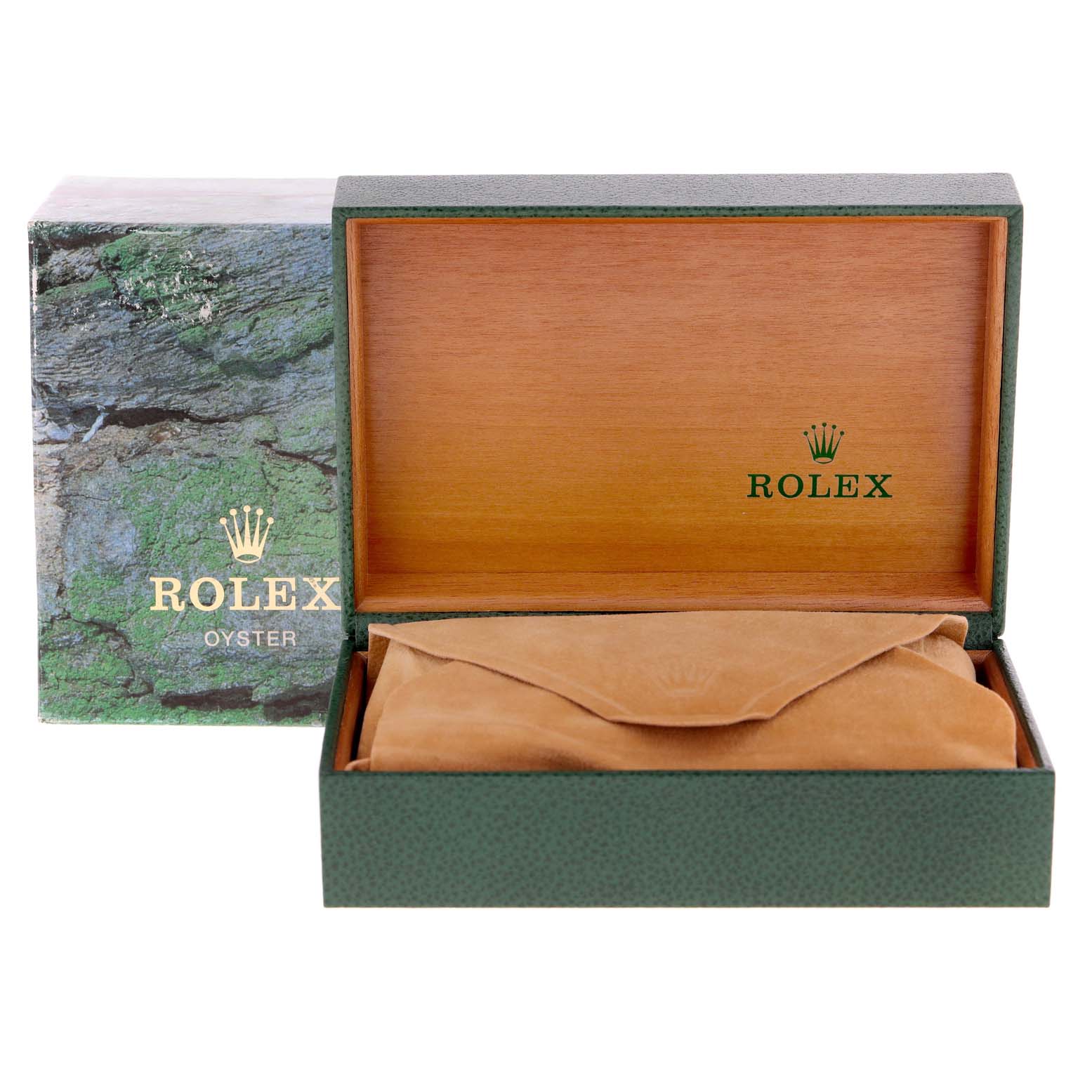 This image shows the open box of a Rolex Submariner 16613 Men
s Steel and Gold (two tone) Champagne Dial 16613 Men
s Steel and Gold (two tone) Champagne Dial watch, including the outer box and an inner suede pouch.
