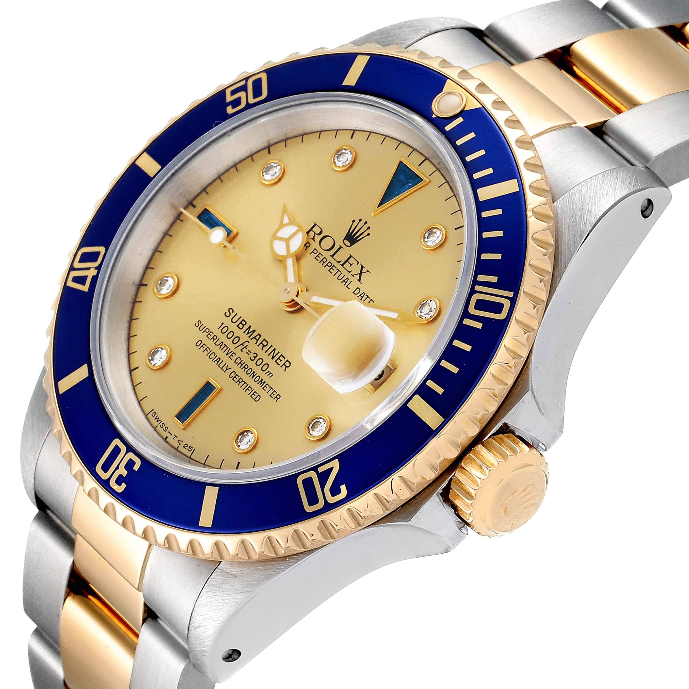 This image shows a close-up angle of a Rolex Submariner 16613 Men
s Steel and Gold (two tone) Champagne Dial 16613 Men
s Steel and Gold (two tone) Champagne Dial watch, displaying its dial, bezel, crown, and two-tone bracelet.