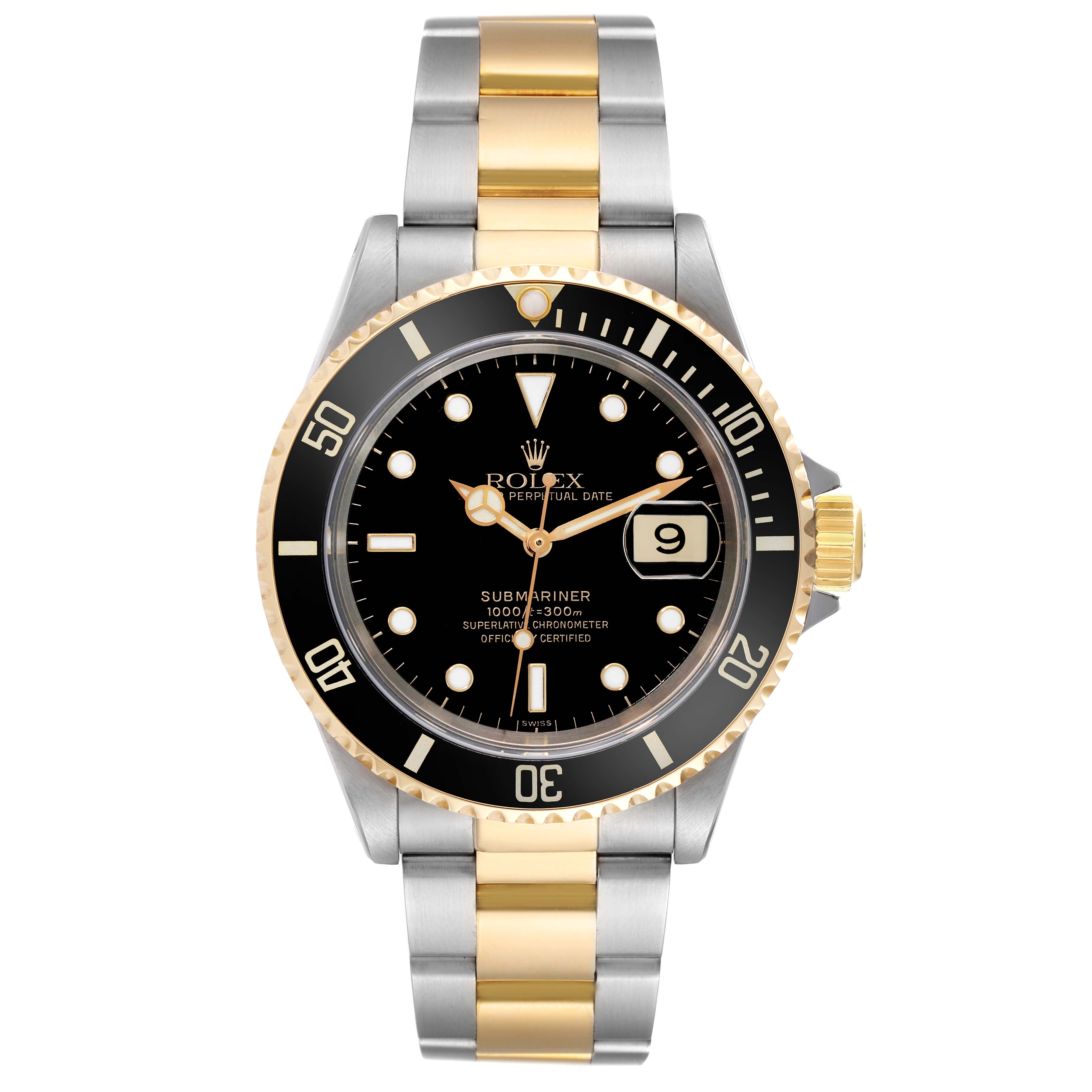 This image shows a front view of the Rolex Submariner 16613 Men's Steel and Gold (two tone) Black Dial 16613 Men's Steel and Gold (two tone) Black Dial watch, highlighting its dial, bezel, and two-tone bracelet.