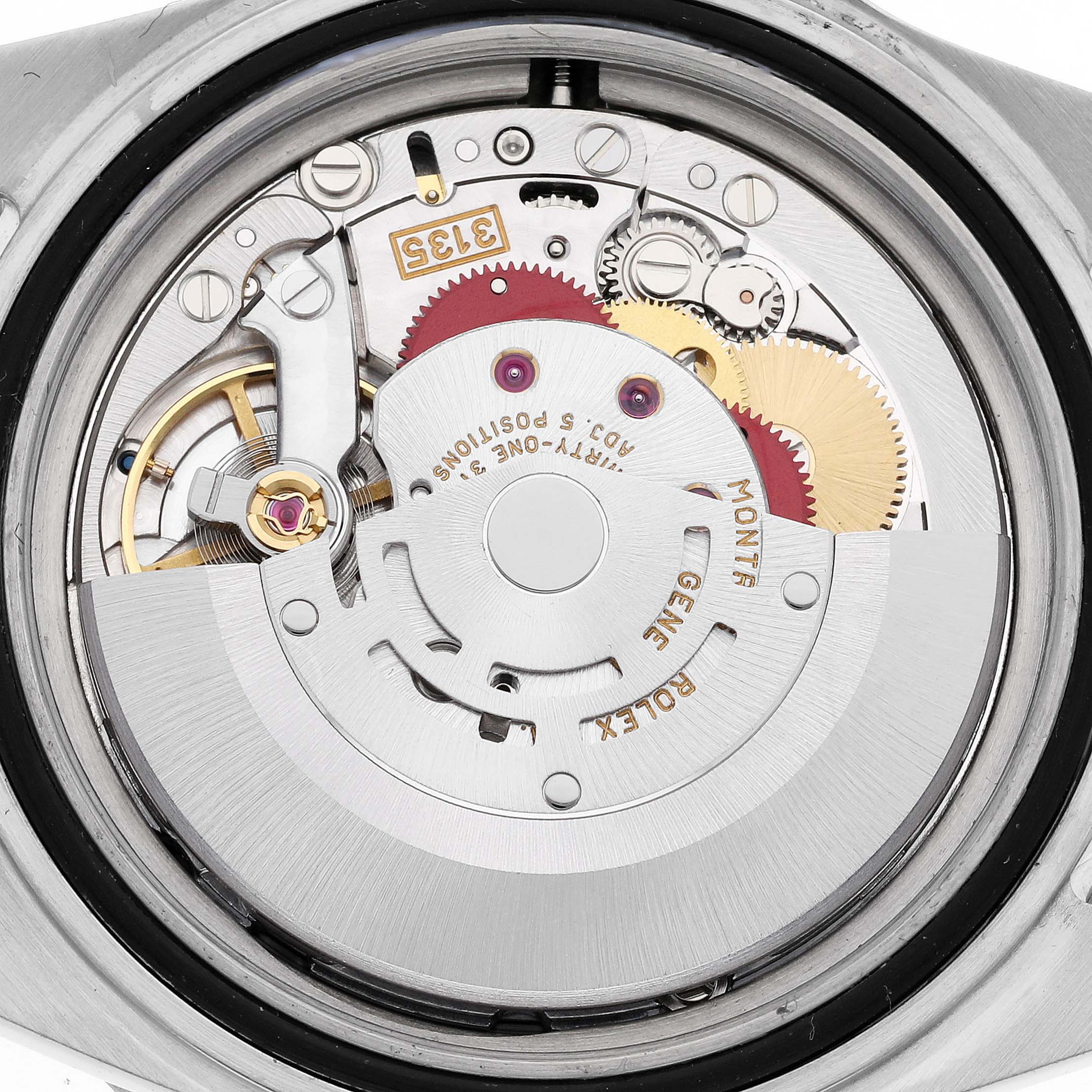 This image shows the Rolex Submariner 16613 Men's Steel and Gold (two tone) Black Dial 16613 Men's Steel and Gold (two tone) Black Dial movement from the back, highlighting intricate gears and mechanisms.