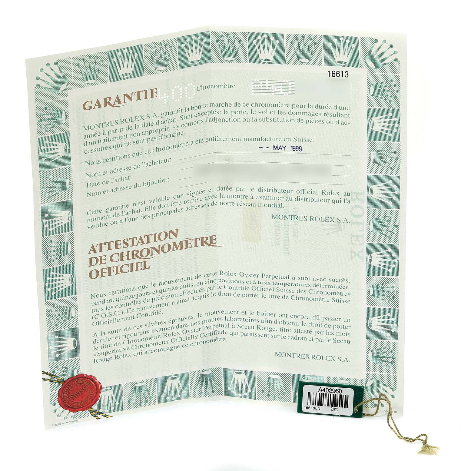 The image shows the warranty certificate and chronometer certification for a Rolex Submariner 16613 Men's Steel and Gold (two tone) Black Dial 16613 Men's Steel and Gold (two tone) Black Dial watch.