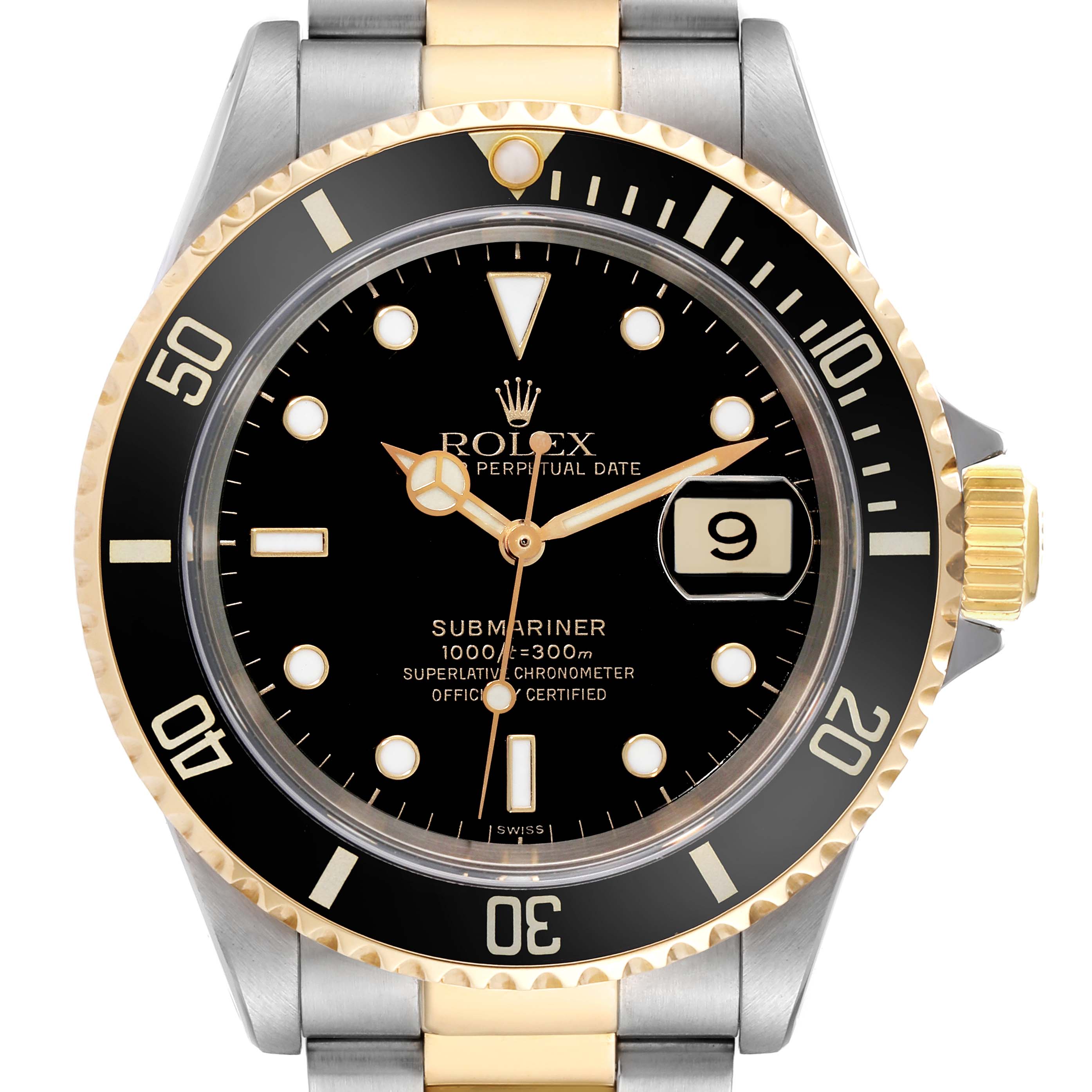 This image shows the front angle of a Rolex Submariner 16613 Men's Steel and Gold (two tone) Black Dial 16613 Men's Steel and Gold (two tone) Black Dial watch, displaying the dial, bezel, crown, and part of the bracelet.