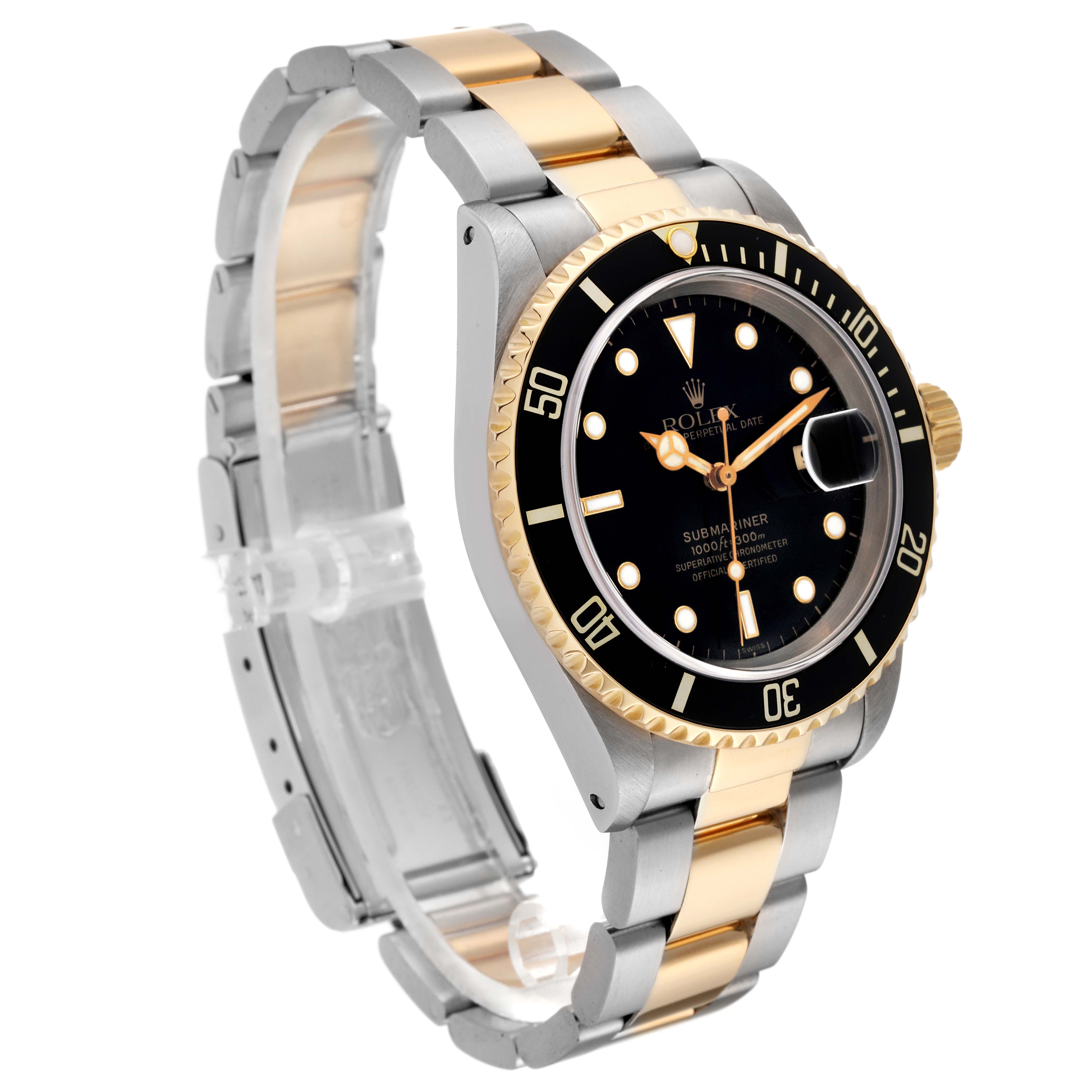 The image shows a Rolex Submariner 16613 Men's Steel and Gold (two tone) Black Dial 16613 Men's Steel and Gold (two tone) Black Dial watch at a slight angle, displaying its bezel, dial, case, and gold and silver bracelet.