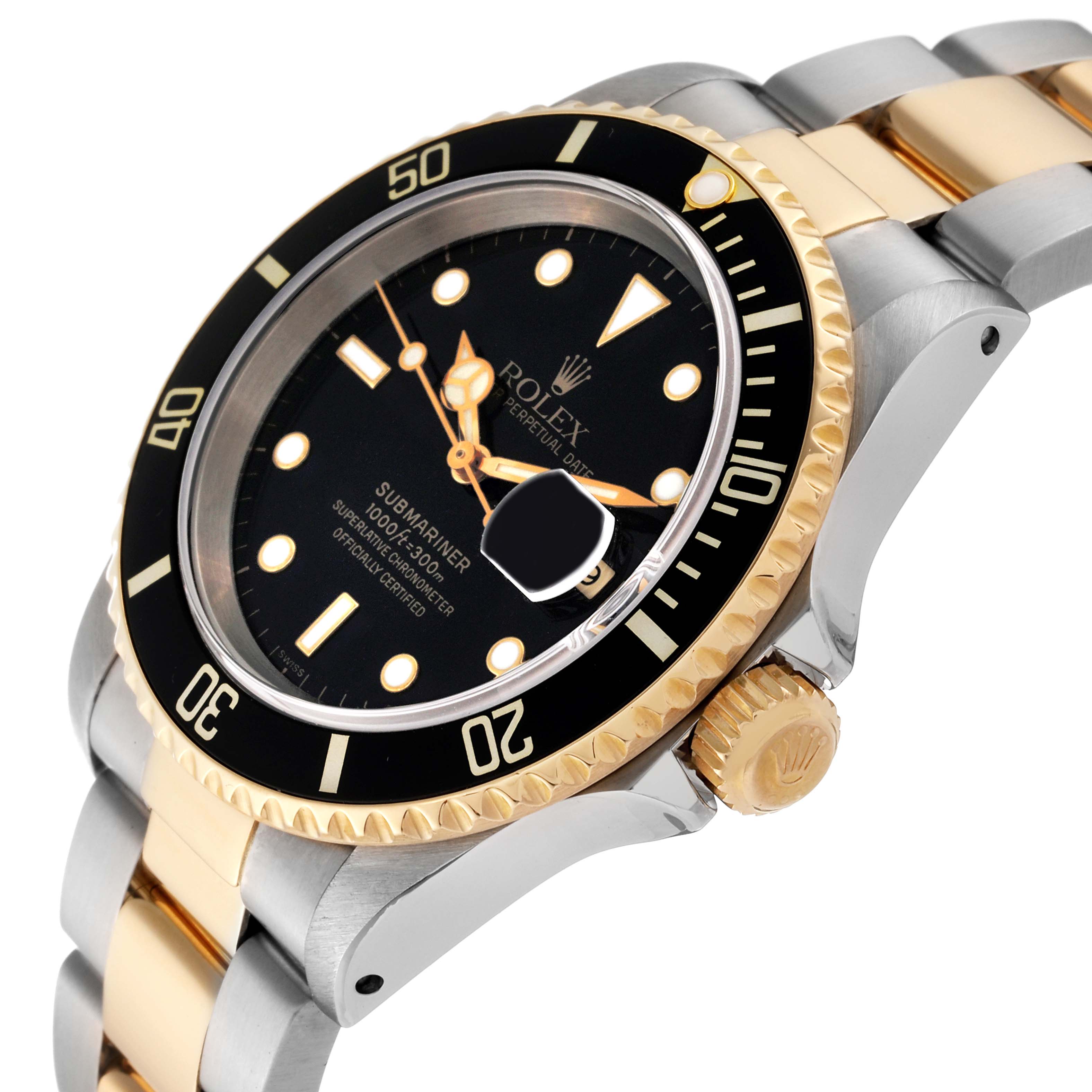 This image shows a Rolex Submariner 16613 Men's Steel and Gold (two tone) Black Dial 16613 Men's Steel and Gold (two tone) Black Dial watch at an oblique angle highlighting the dial, bezel, and bracelet.