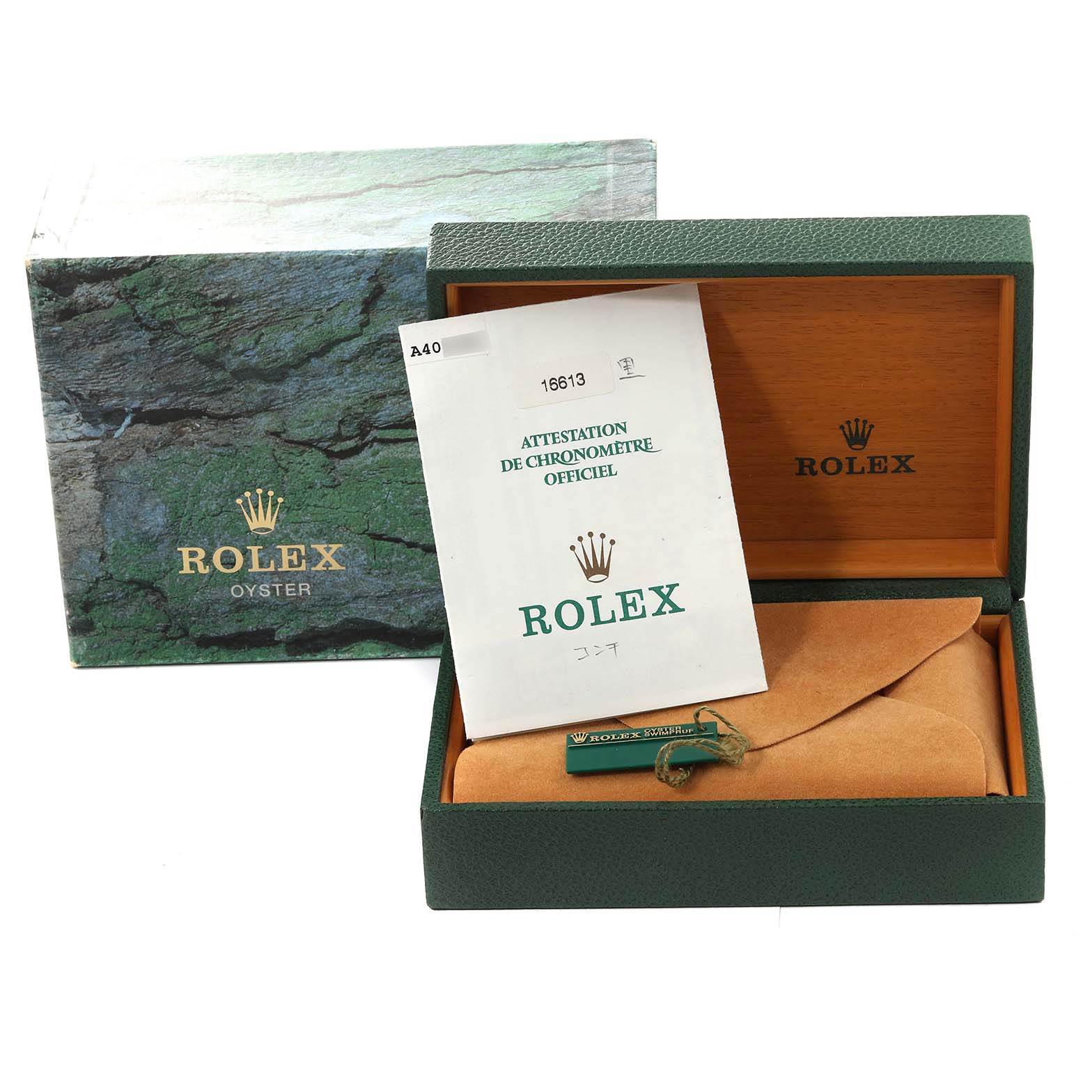 The image shows the packaging, official documentation, and accessories for a Rolex Submariner 16613 Men's Steel and Gold (two tone) Black Dial 16613 Men's Steel and Gold (two tone) Black Dial watch.