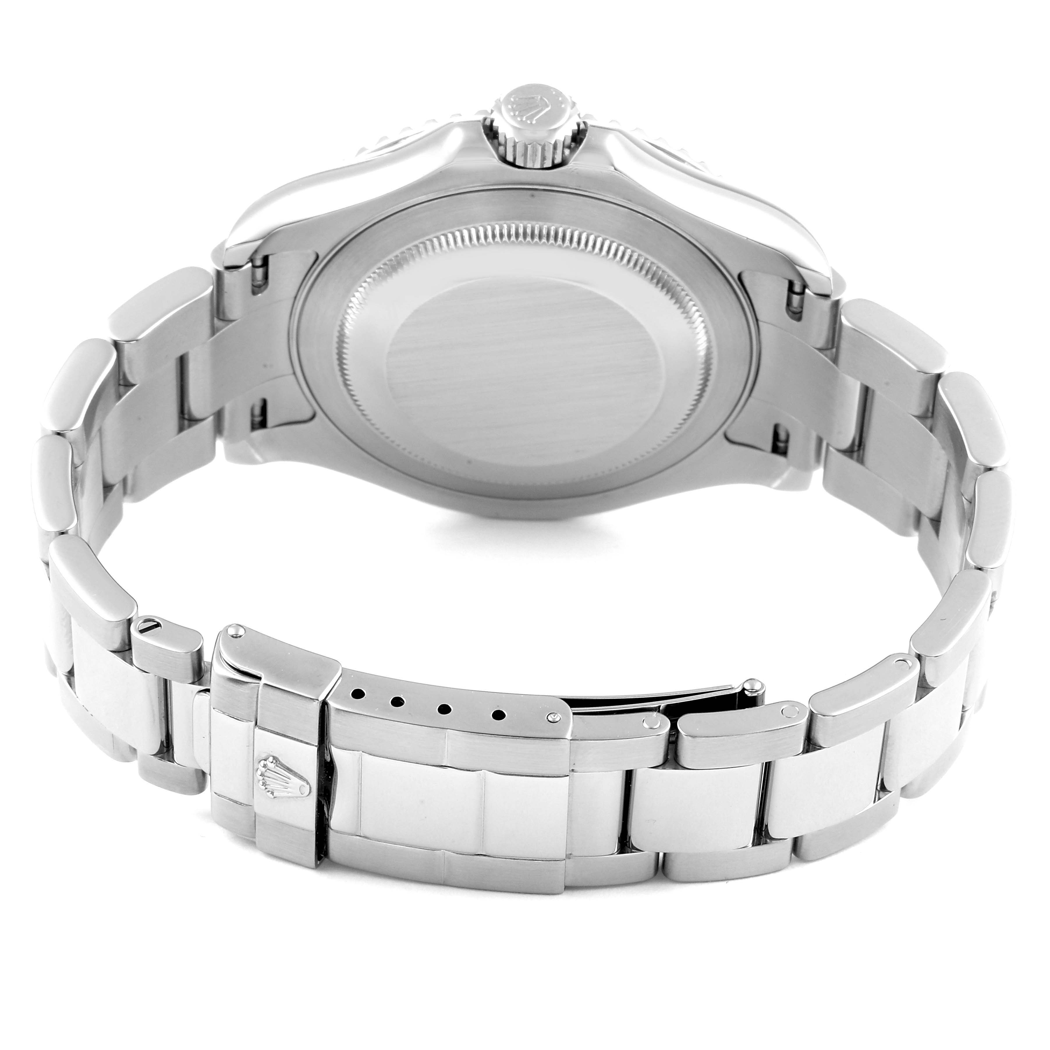 The image shows the back view of the Rolex Yacht-Master 16622 Men
s Stainless Steel Silver Dial 16622 Men
s Stainless Steel Silver Dial watch, highlighting the clasp and bracelet.