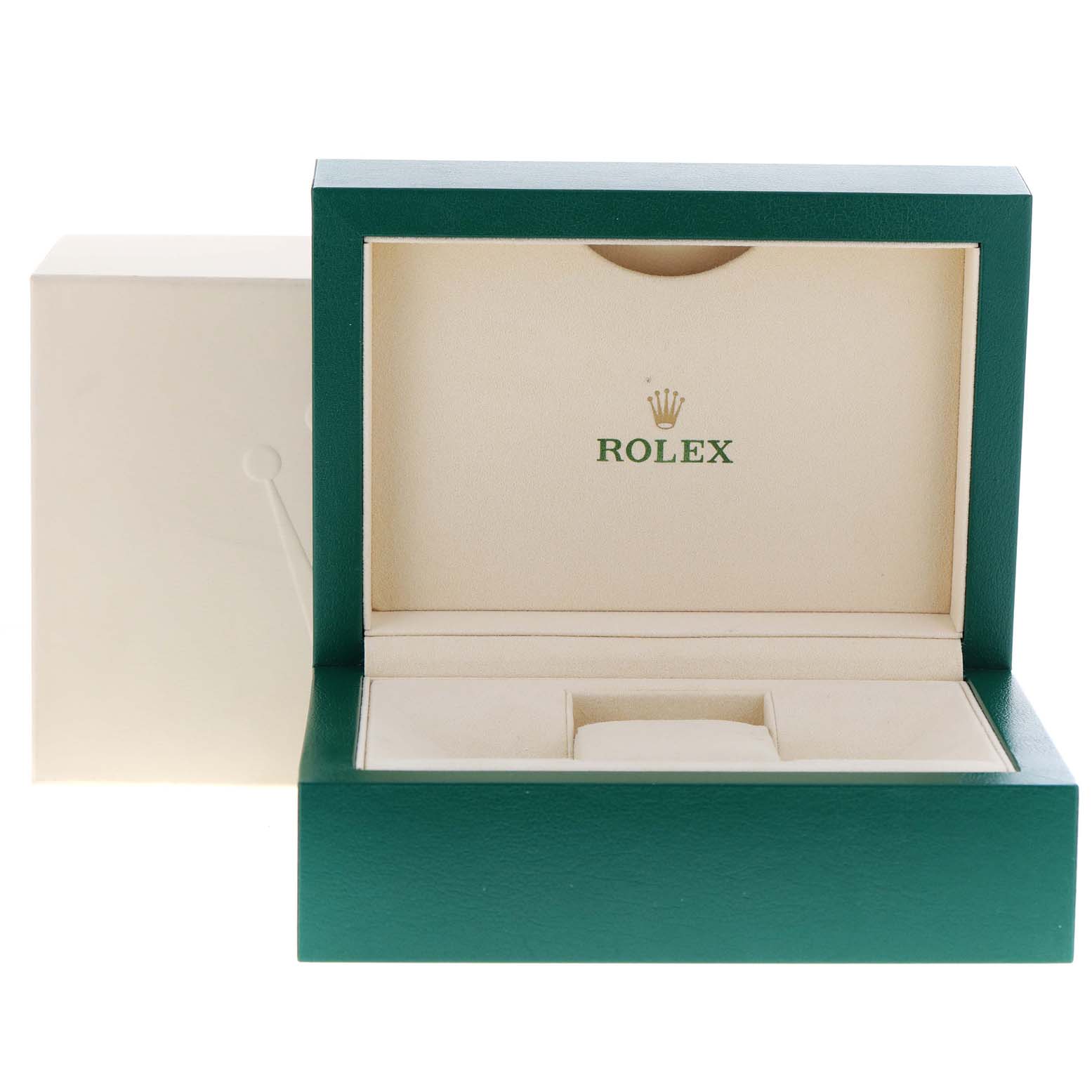 The image shows an open Rolex watch box, likely for a Yacht-Master model, at a straight-on angle.
