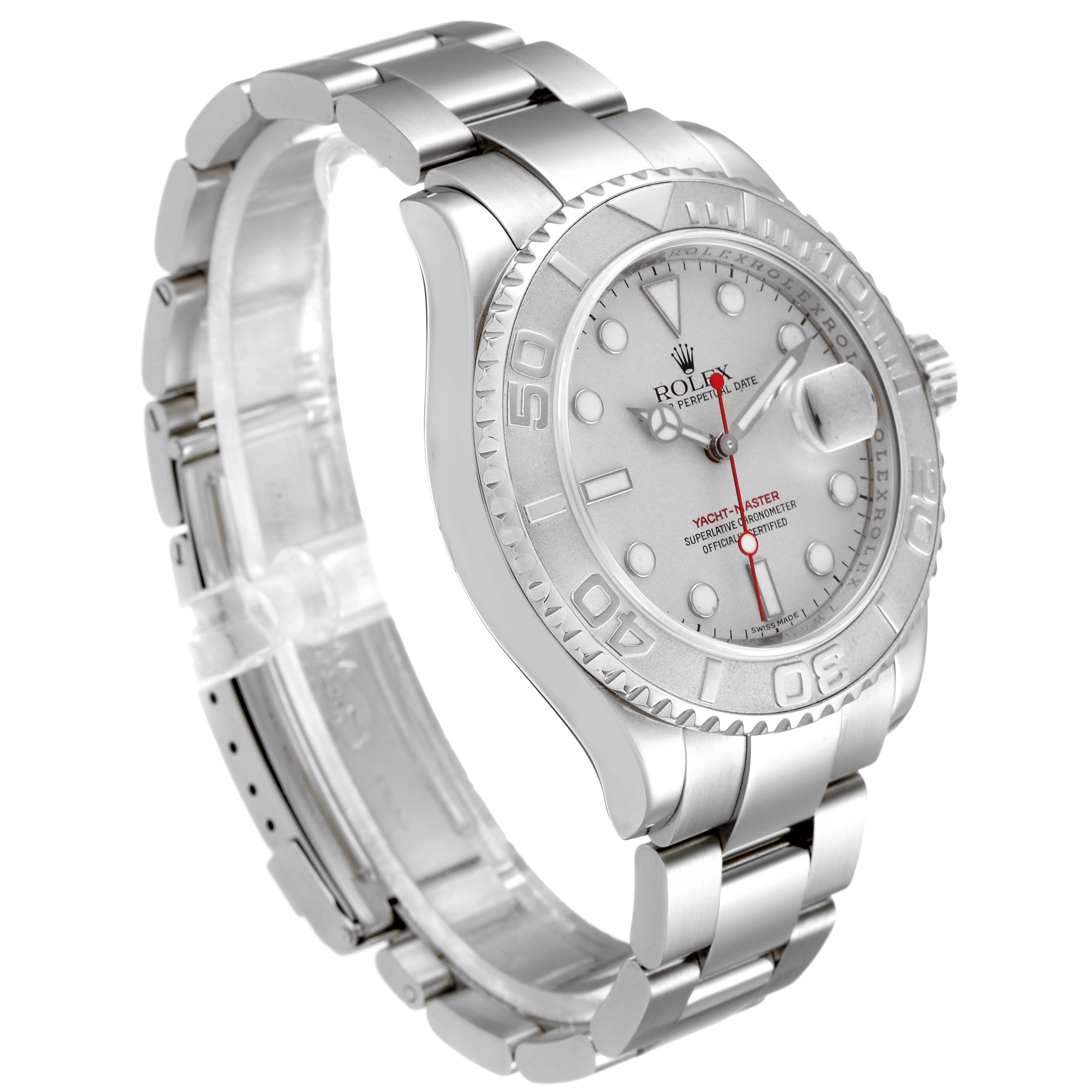 The image shows a side and partial front angle of a Rolex Yacht-Master 16622 Men
s Stainless Steel Silver Dial 16622 Men
s Stainless Steel Silver Dial watch, revealing its dial, bezel, and bracelet.