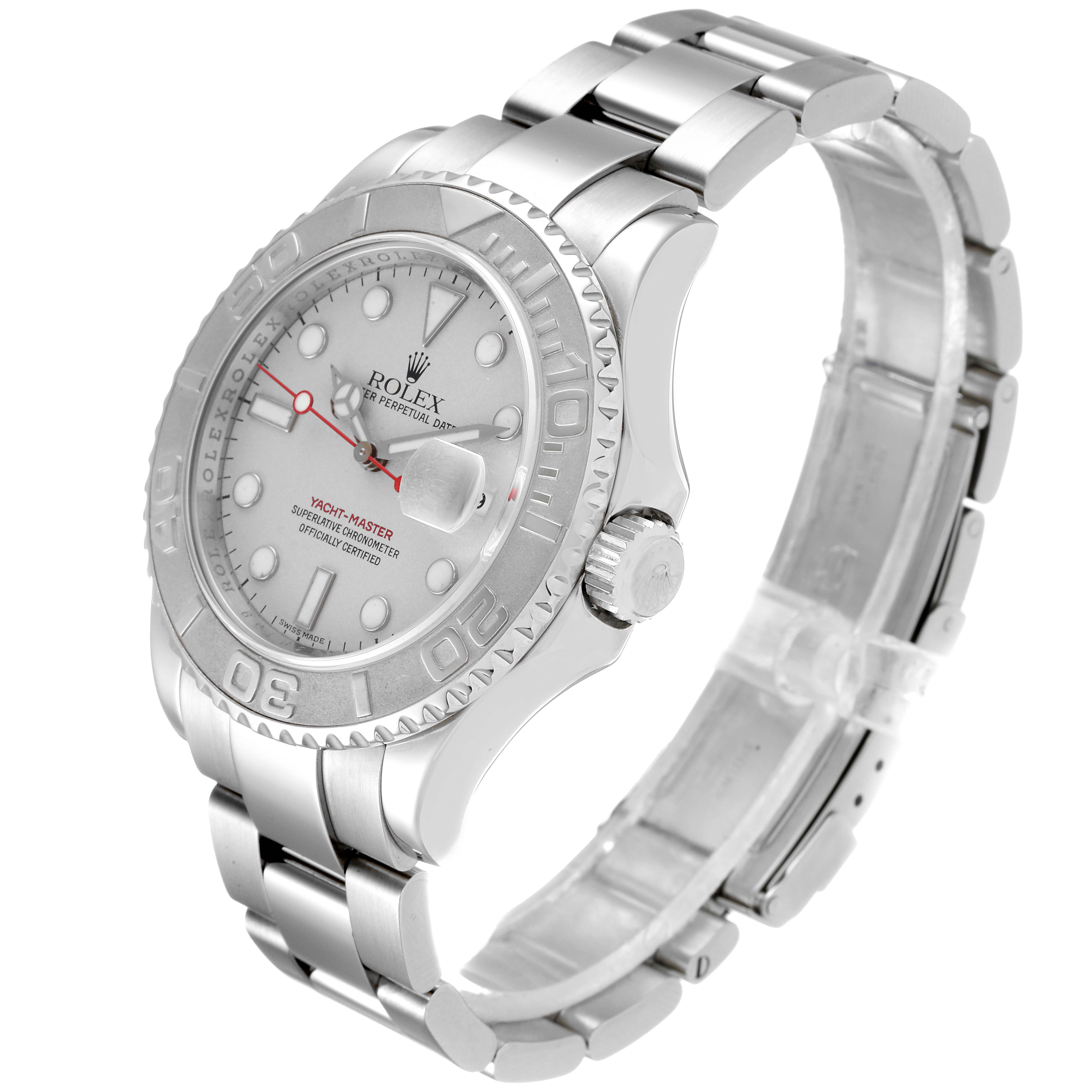 The image shows a side angle of a Rolex Yacht-Master 16622 Men
s Stainless Steel Silver Dial 16622 Men
s Stainless Steel Silver Dial watch, highlighting its face, bezel, crown, and metal bracelet.