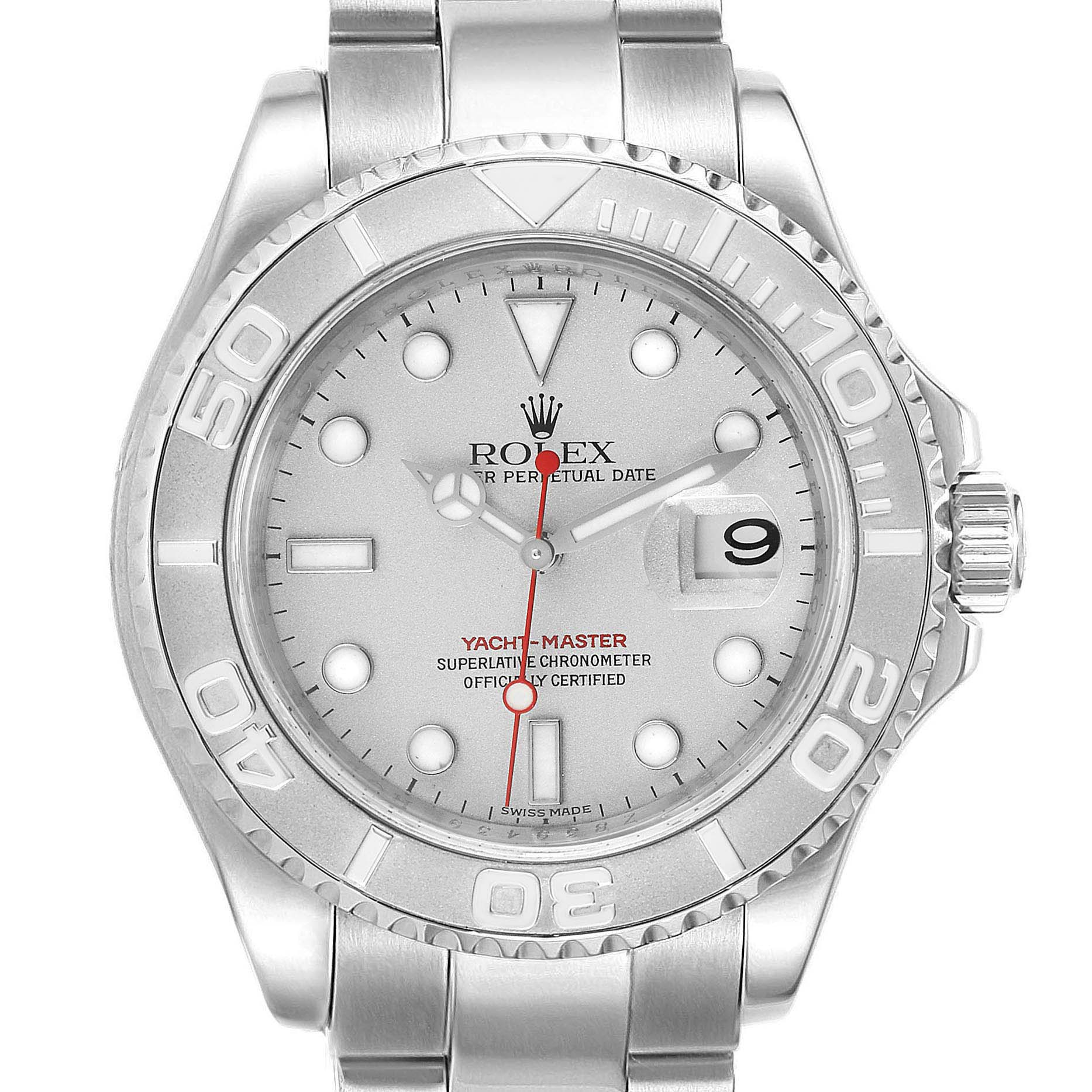 This image shows a front view of a Rolex Yacht-Master 16622 Men
s Stainless Steel Silver Dial 16622 Men
s Stainless Steel Silver Dial watch, highlighting the dial, bezel, and bracelet.