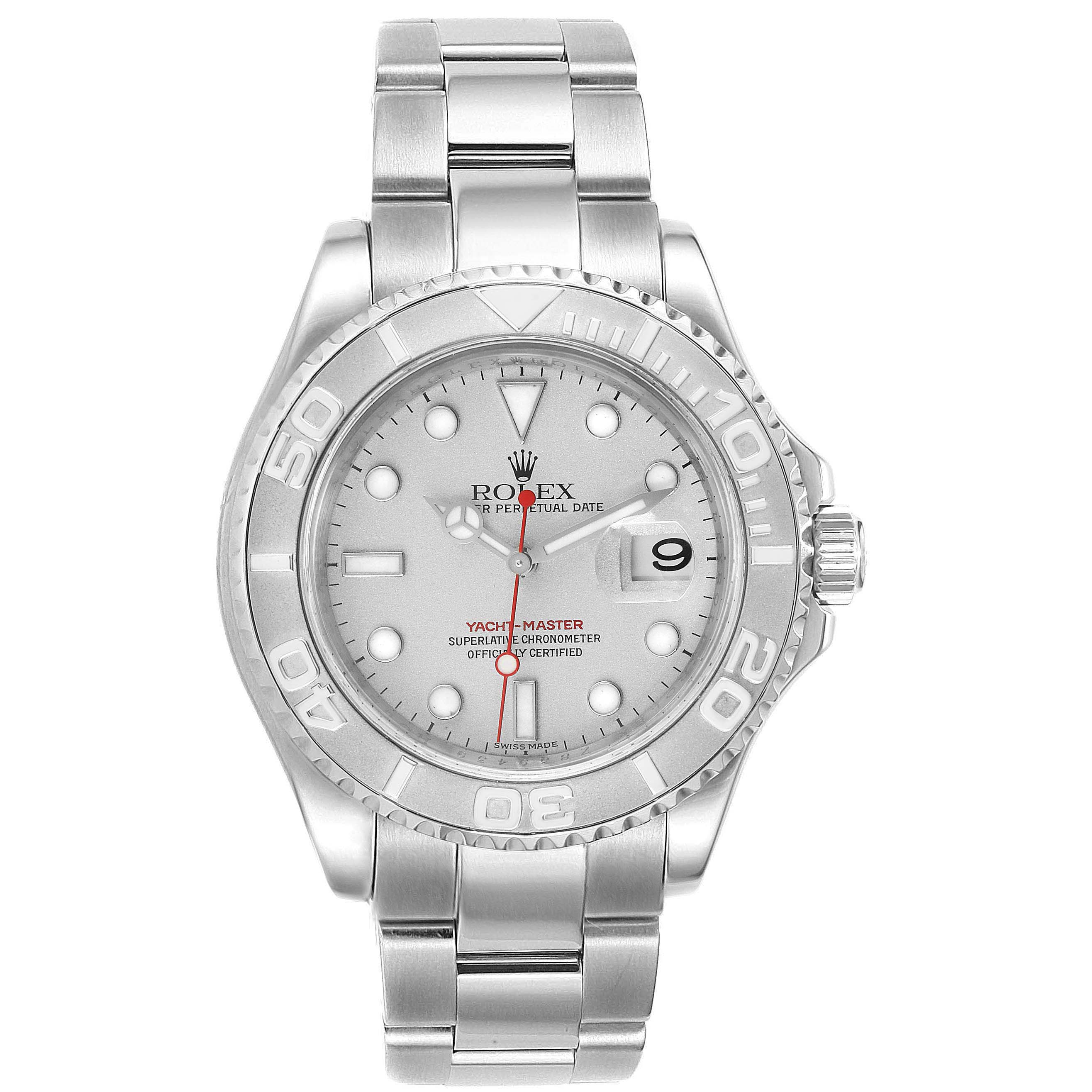The image shows a front view of a Rolex Yacht-Master 16622 Men
s Stainless Steel Silver Dial 16622 Men
s Stainless Steel Silver Dial watch, displaying the face, hands, bezel, and bracelet.