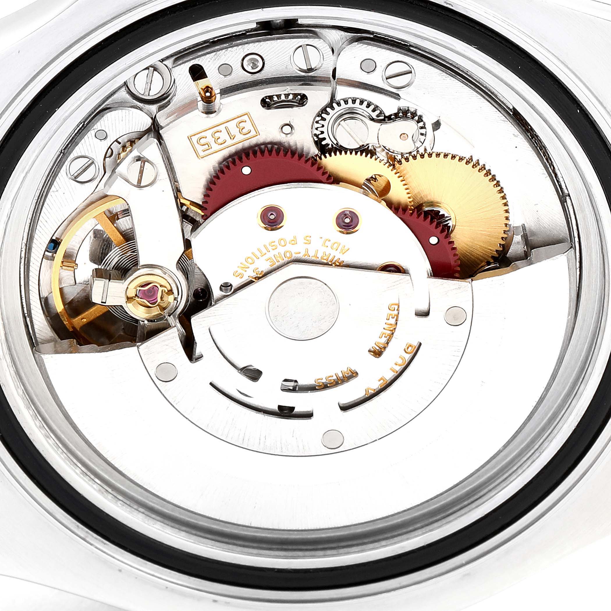This is a close-up view of the Rolex Yacht-Master 16622 Men
s Stainless Steel Silver Dial 16622 Men
s Stainless Steel Silver Dial
s internal movement mechanism, showcasing gears and components.