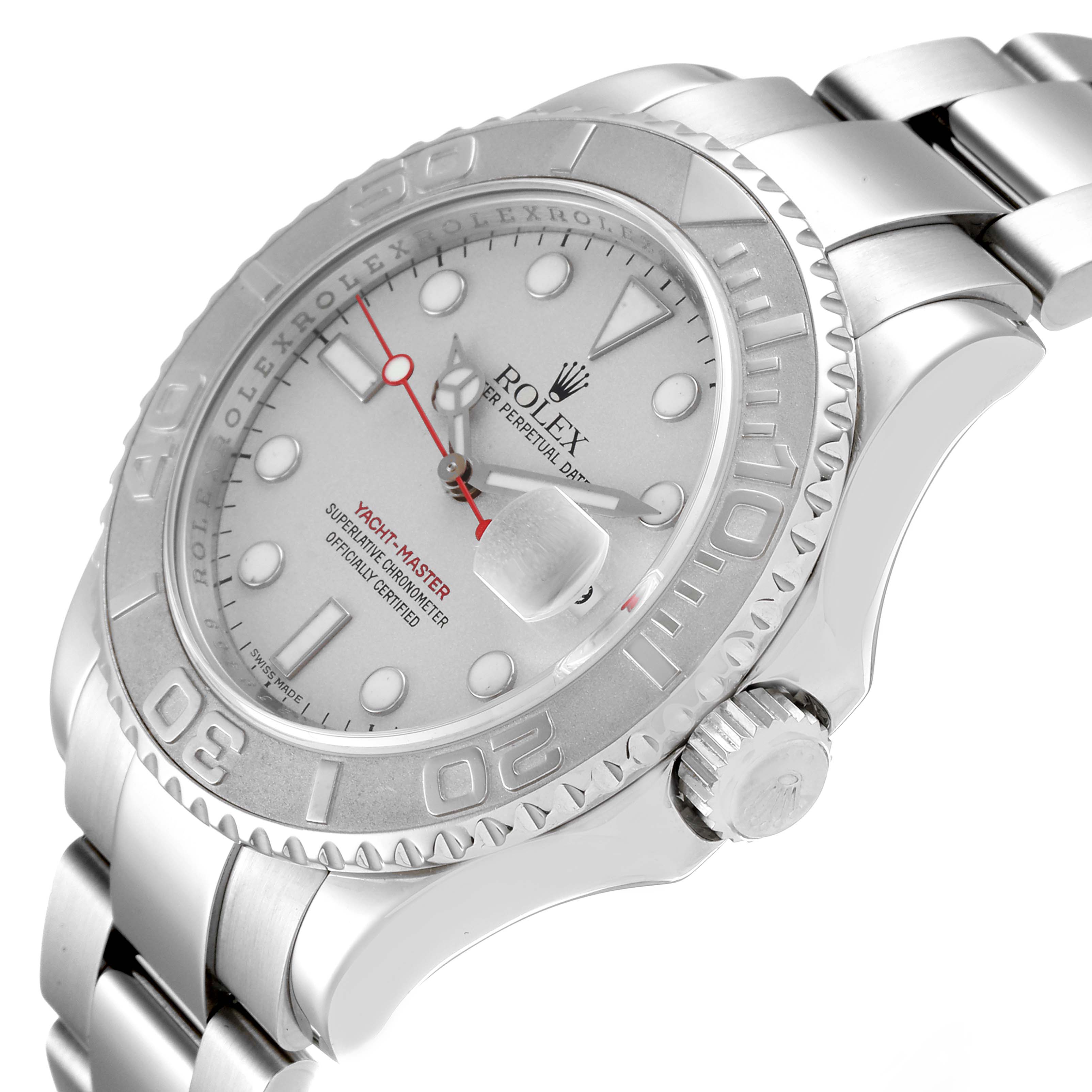 The Rolex Yacht-Master 16622 Men
s Stainless Steel Silver Dial 16622 Men
s Stainless Steel Silver Dial watch is shown at an angled view displaying the face, bezel, crown, and part of the bracelet.