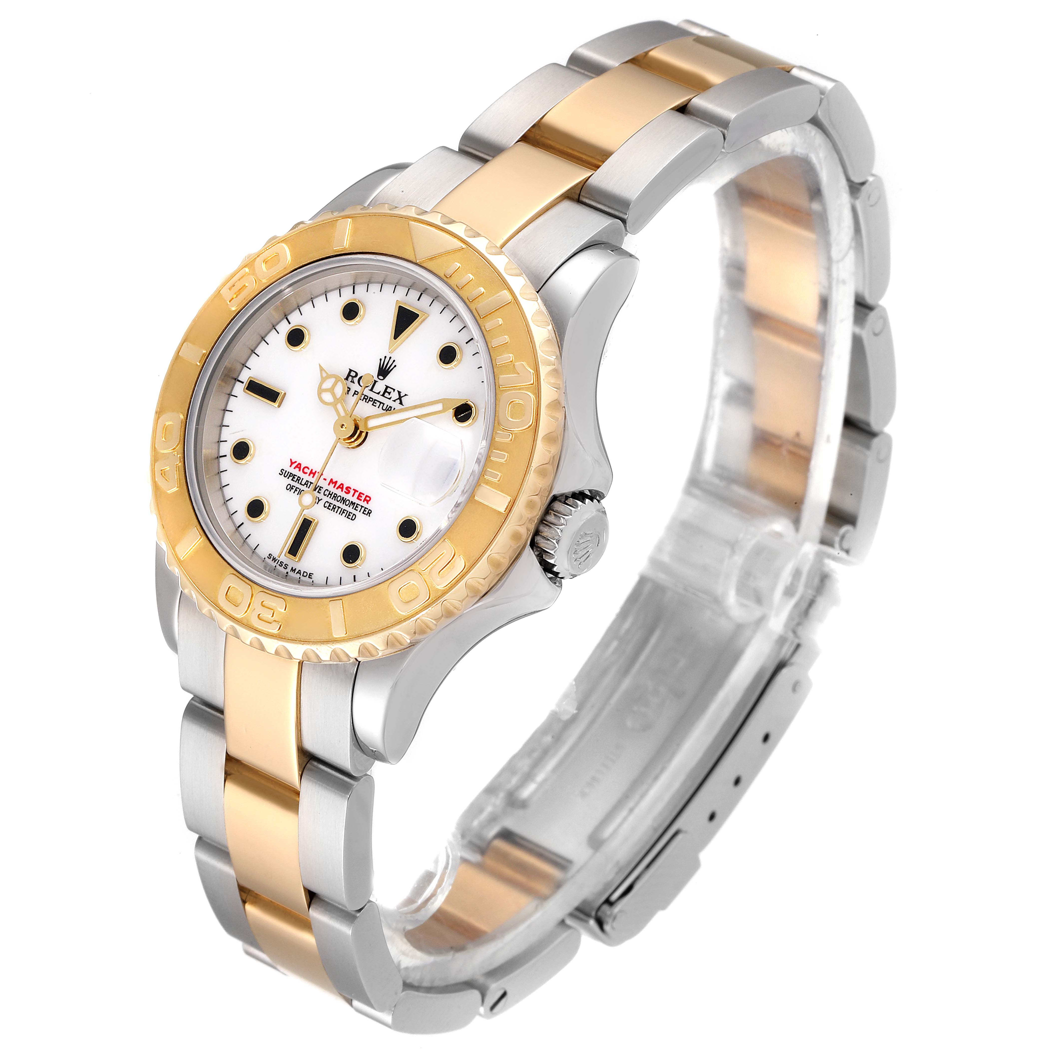 This image shows a Rolex Yacht-Master 169623 Women's Steel and Gold (two tone) White Dial 169623 Women's Steel and Gold (two tone) White Dial watch at an angled side view, highlighting the two-tone bracelet, bezel, and dial.
