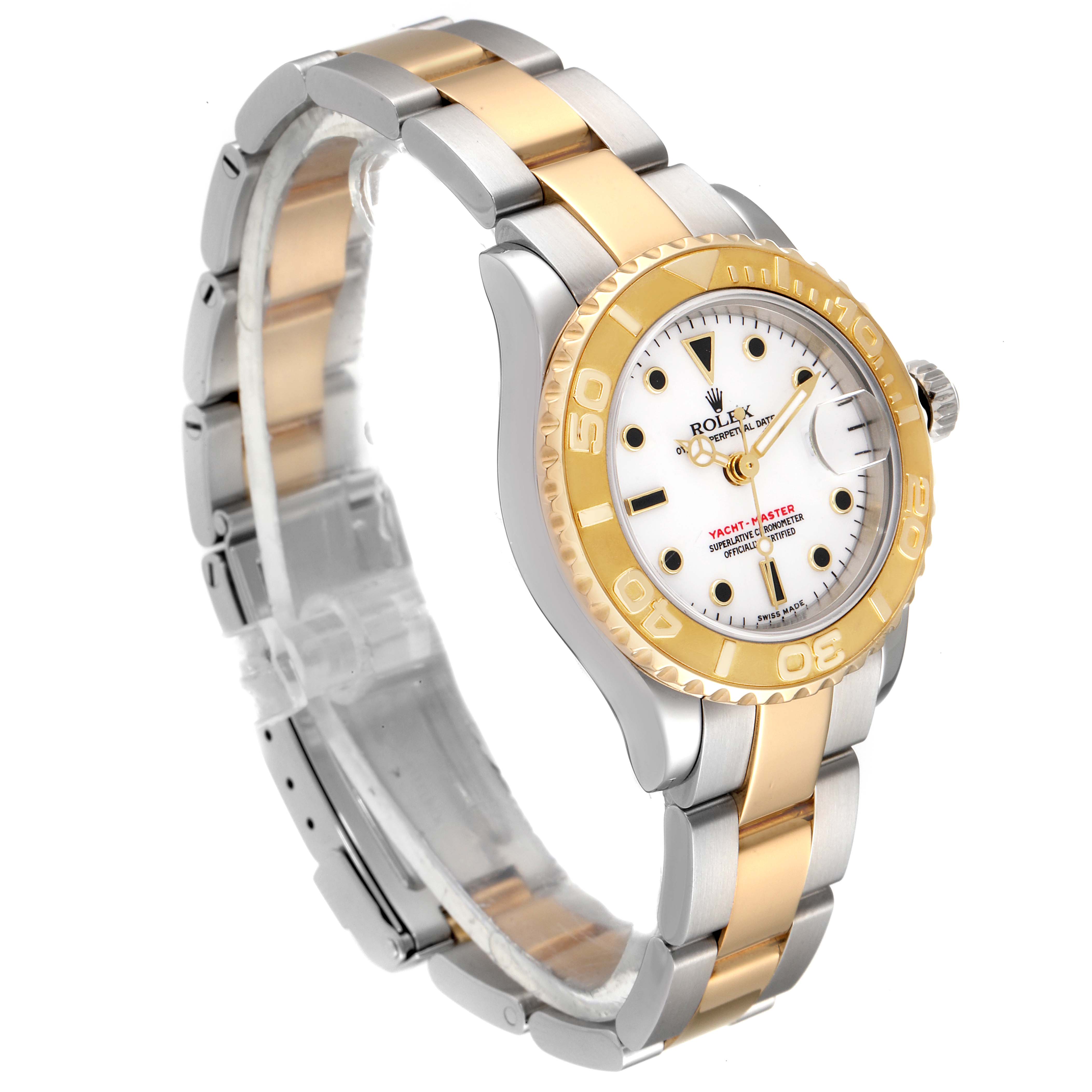 This Rolex Yacht-Master 169623 Women's Steel and Gold (two tone) White Dial 169623 Women's Steel and Gold (two tone) White Dial watch is shown at an oblique angle, highlighting its gold bezel, white dial, and two-tone bracelet.
