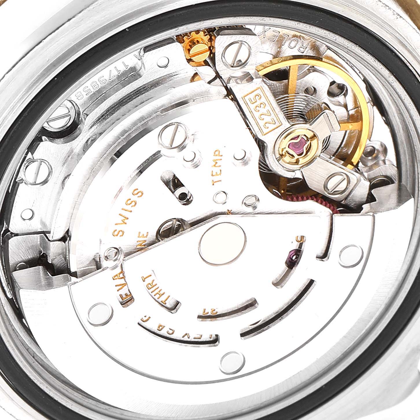 The image shows a close-up view of the internal movement parts of the Rolex Yacht-Master 169623 Women's Steel and Gold (two tone) White Dial 169623 Women's Steel and Gold (two tone) White Dial watch.