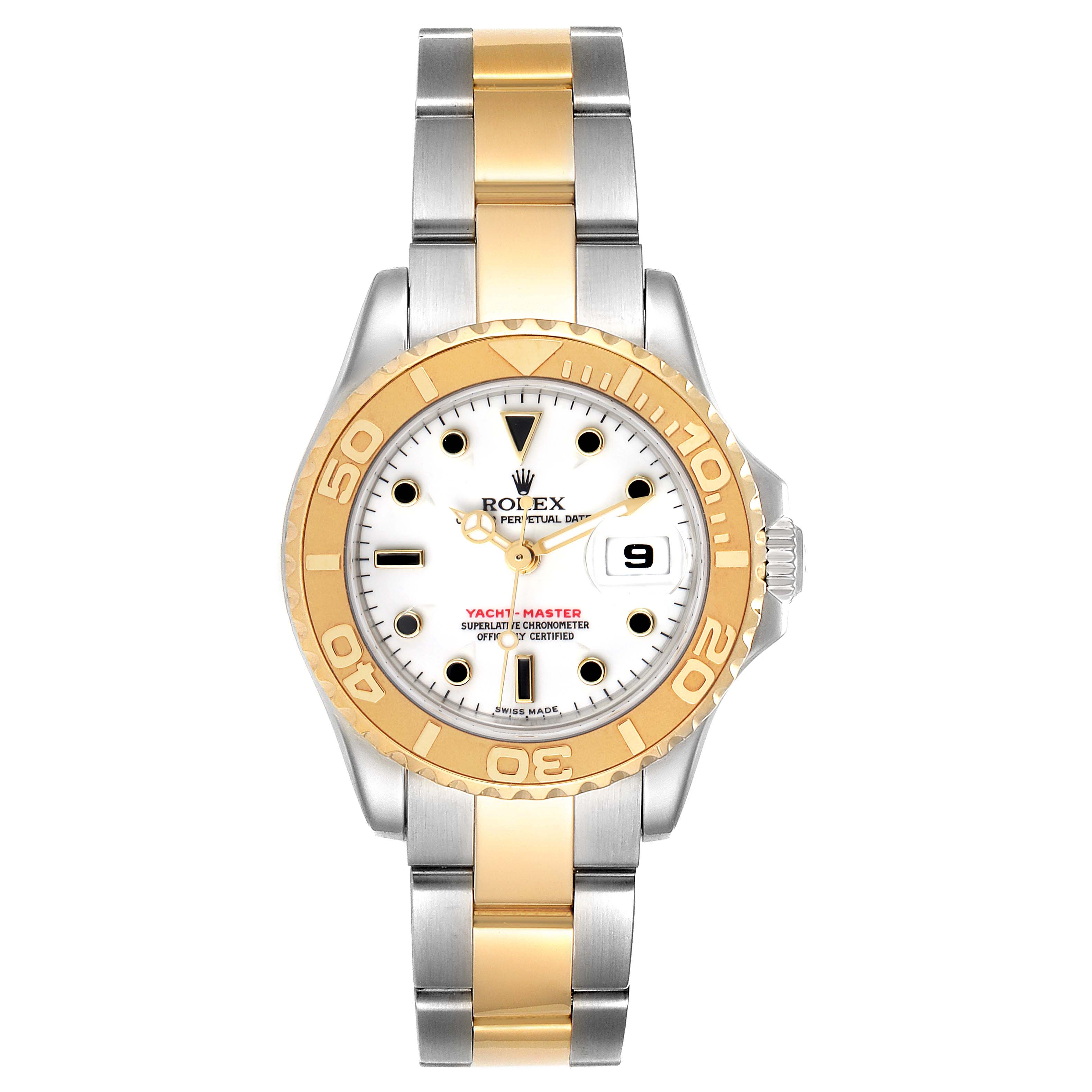 The Rolex Yacht-Master 169623 Women's Steel and Gold (two tone) White Dial 169623 Women's Steel and Gold (two tone) White Dial watch is shown from a top-down angle displaying the full face, bezel, and bracelet.