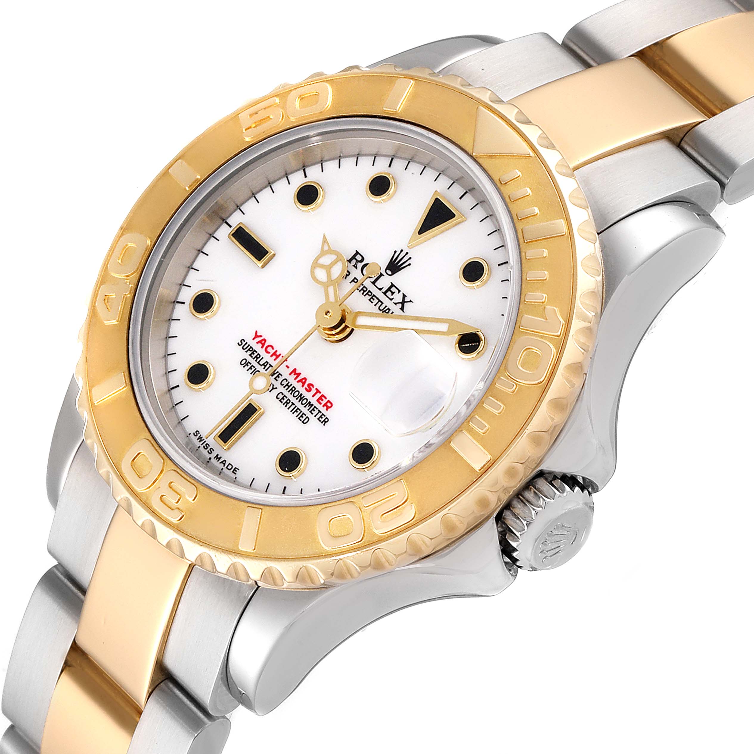 This image shows a close-up side angle of a Rolex Yacht-Master 169623 Women's Steel and Gold (two tone) White Dial 169623 Women's Steel and Gold (two tone) White Dial watch, highlighting the dial, bezel, crown, and bracelet.