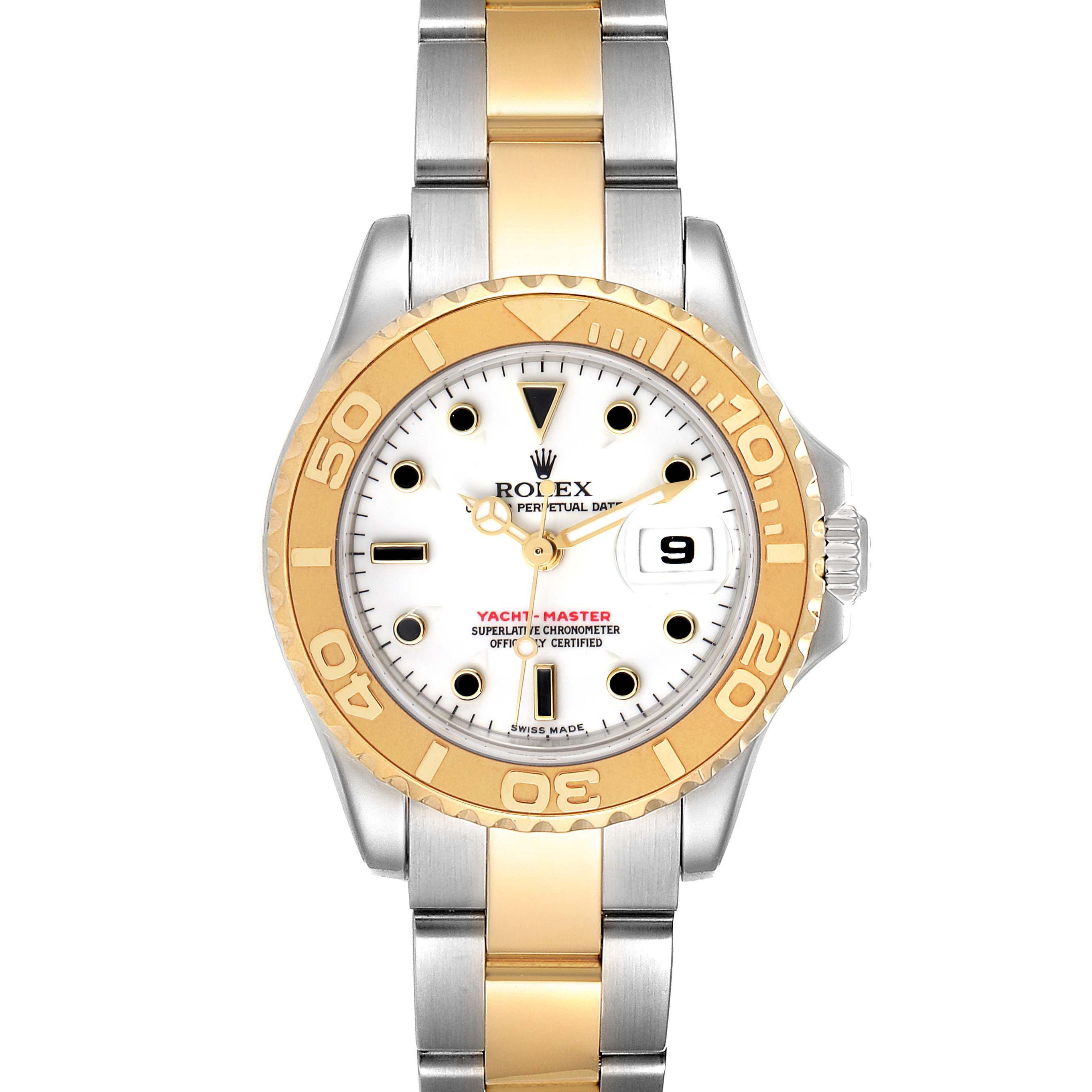 The image shows a frontal view of a Rolex Yacht-Master 169623 Women's Steel and Gold (two tone) White Dial 169623 Women's Steel and Gold (two tone) White Dial watch, highlighting its dial, bezel, and bracelet.