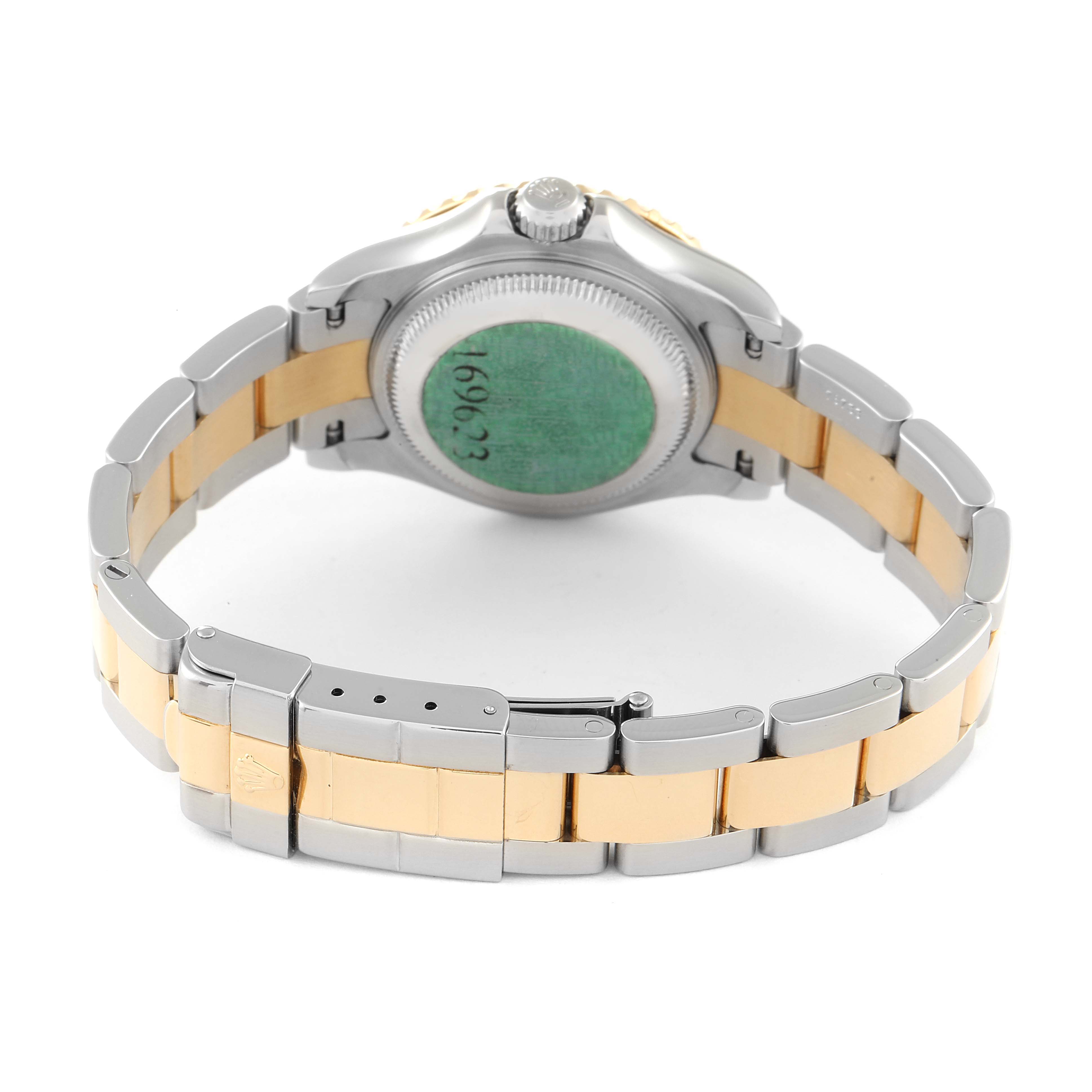 This image shows the back view of a Rolex Yacht-Master 169623 Women's Steel and Gold (two tone) White Dial 169623 Women's Steel and Gold (two tone) White Dial watch, displaying the case back and two-tone bracelet.