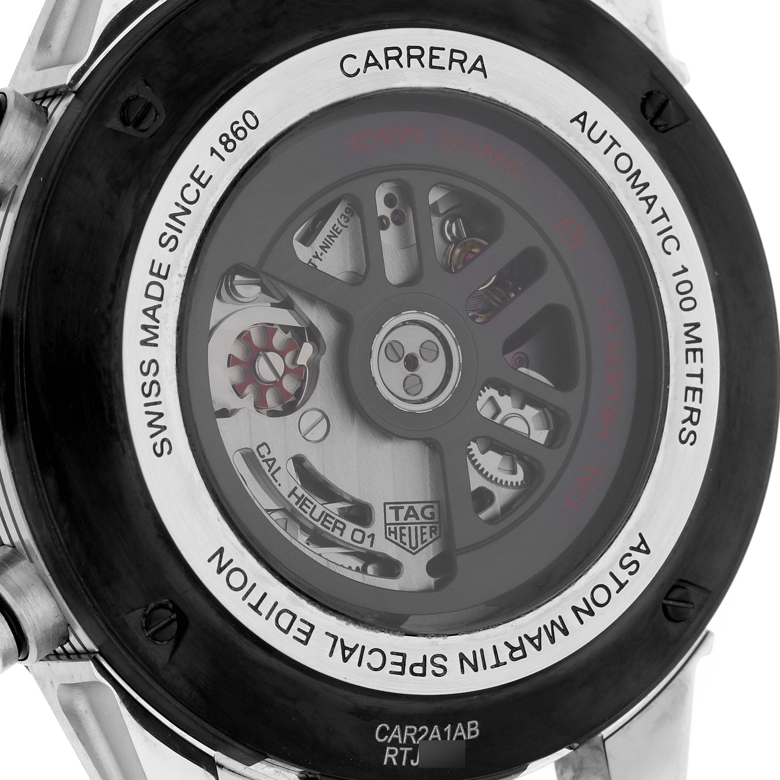 The image shows the back view of a Tag Heuer Carrera CAR2A1AB.FT6163 Men's Stainless Steel Black Dial CAR2A1AB.FT6163 Men's Stainless Steel Black Dial watch, displaying its internal mechanism and engravings.