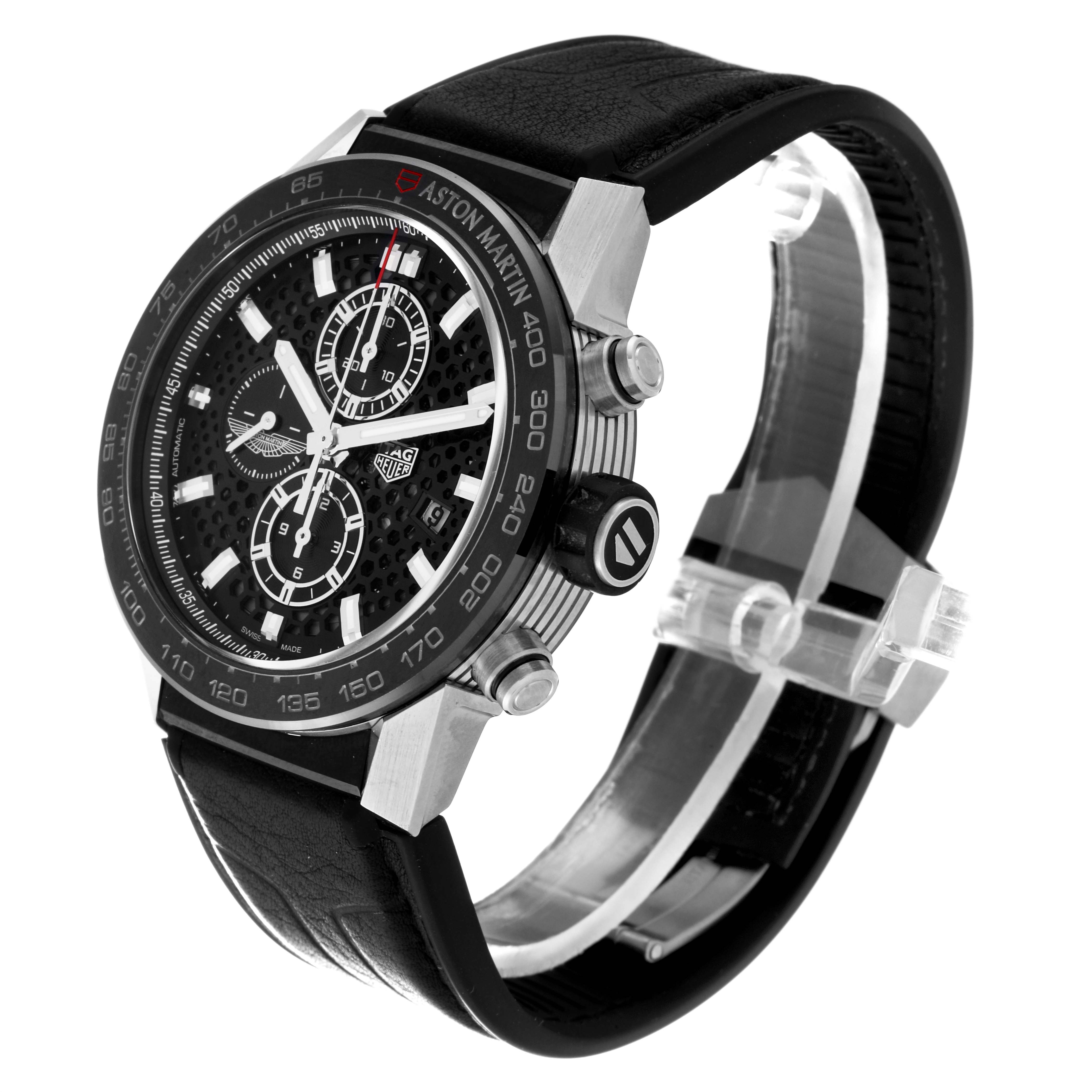 The image shows a Tag Heuer Carrera CAR2A1AB.FT6163 Men's Stainless Steel Black Dial CAR2A1AB.FT6163 Men's Stainless Steel Black Dial watch at an angled side view, revealing the face, bezel, three subdials, and part of the strap.