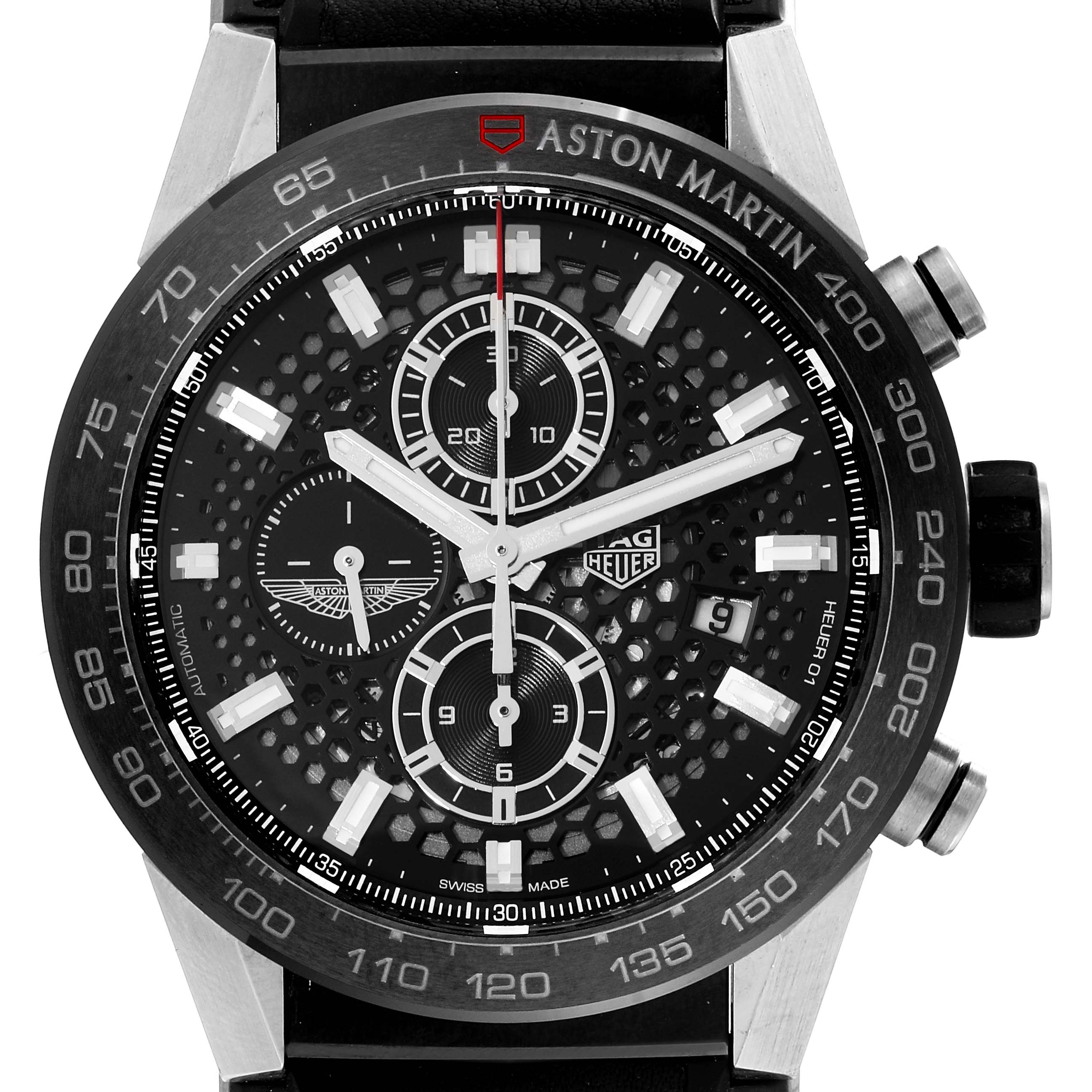 The image shows a frontal view of the Tag Heuer Carrera CAR2A1AB.FT6163 Men's Stainless Steel Black Dial CAR2A1AB.FT6163 Men's Stainless Steel Black Dial watch face, highlighting the chronograph dials and bezel markings.