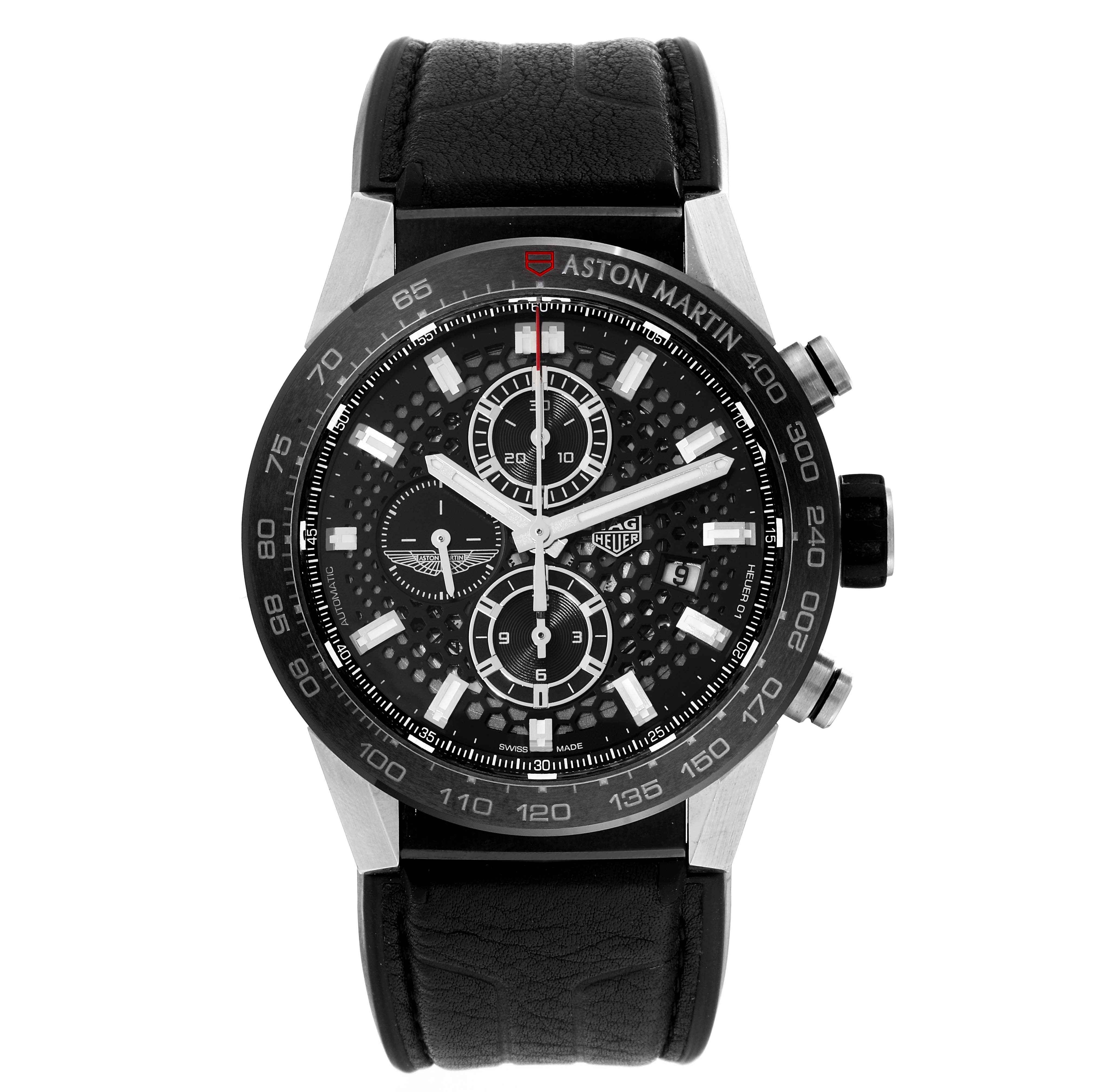 The Tag Heuer Carrera CAR2A1AB.FT6163 Men's Stainless Steel Black Dial CAR2A1AB.FT6163 Men's Stainless Steel Black Dial watch is shown from a front view, displaying its face, dial, and leather strap.