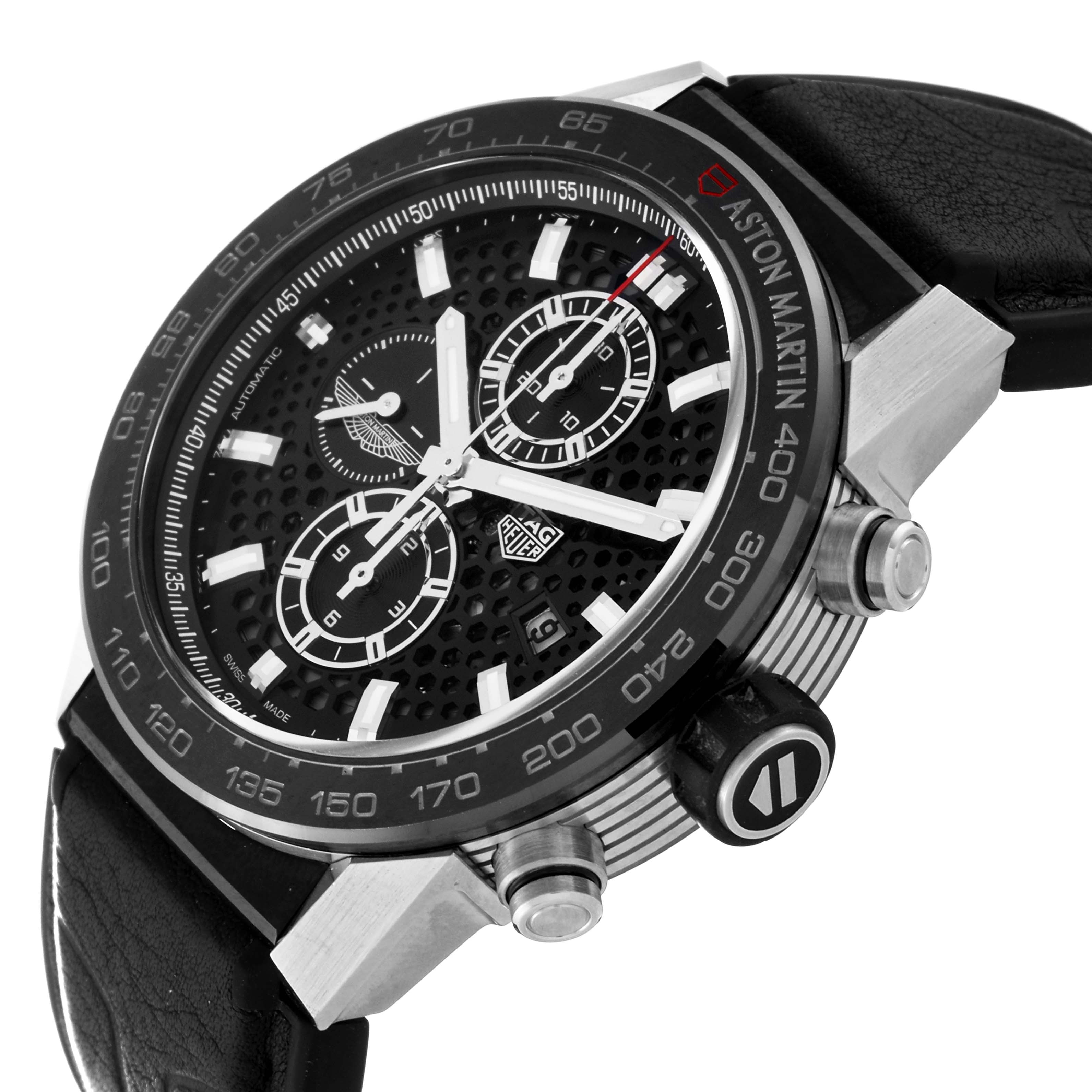 The Tag Heuer Carrera CAR2A1AB.FT6163 Men's Stainless Steel Black Dial CAR2A1AB.FT6163 Men's Stainless Steel Black Dial watch is shown at an angled close-up, highlighting its face, bezel, and side pushers.