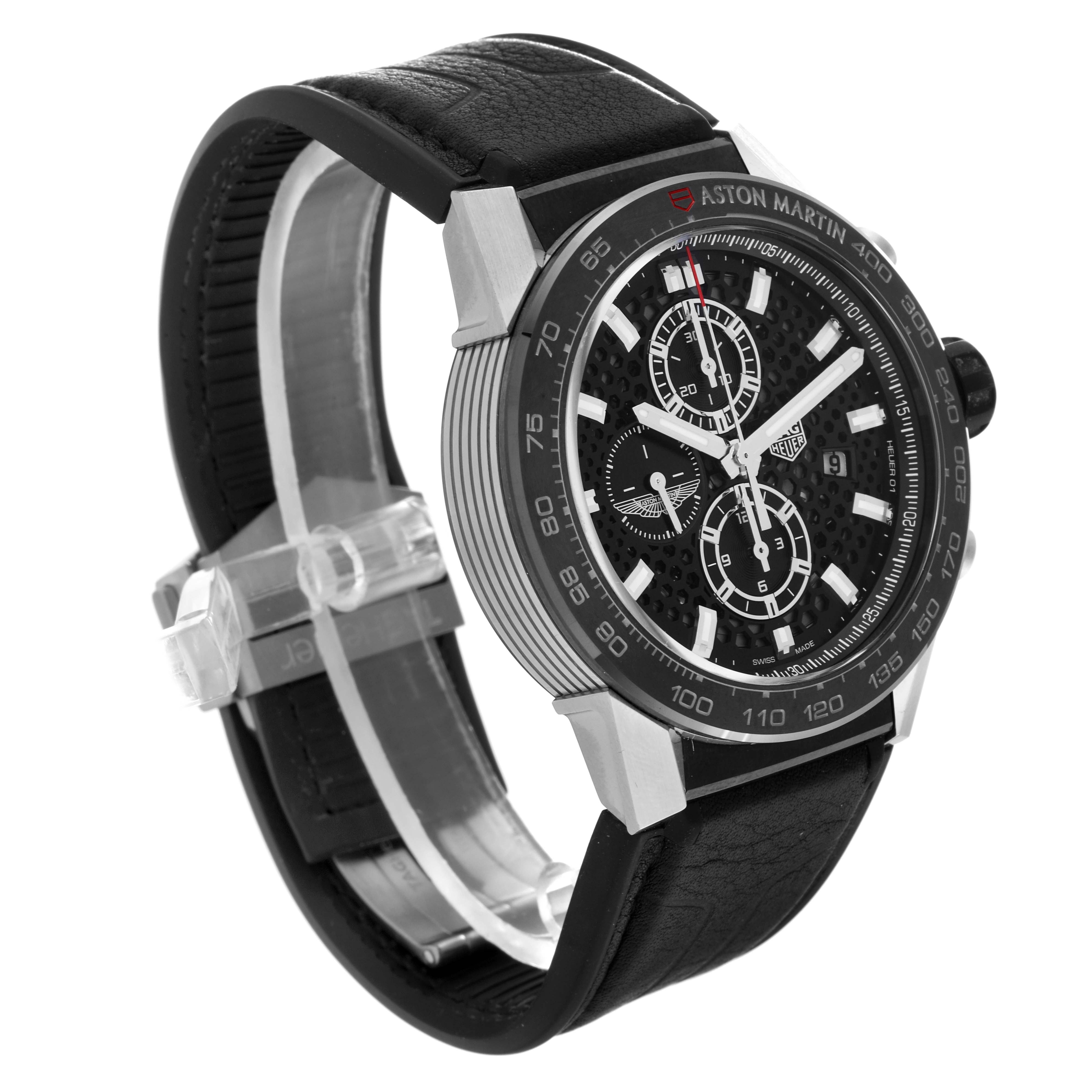 The image shows a Tag Heuer Carrera CAR2A1AB.FT6163 Men's Stainless Steel Black Dial CAR2A1AB.FT6163 Men's Stainless Steel Black Dial model watch angled from the front left, highlighting its black dial, chronograph subdials, and black strap.