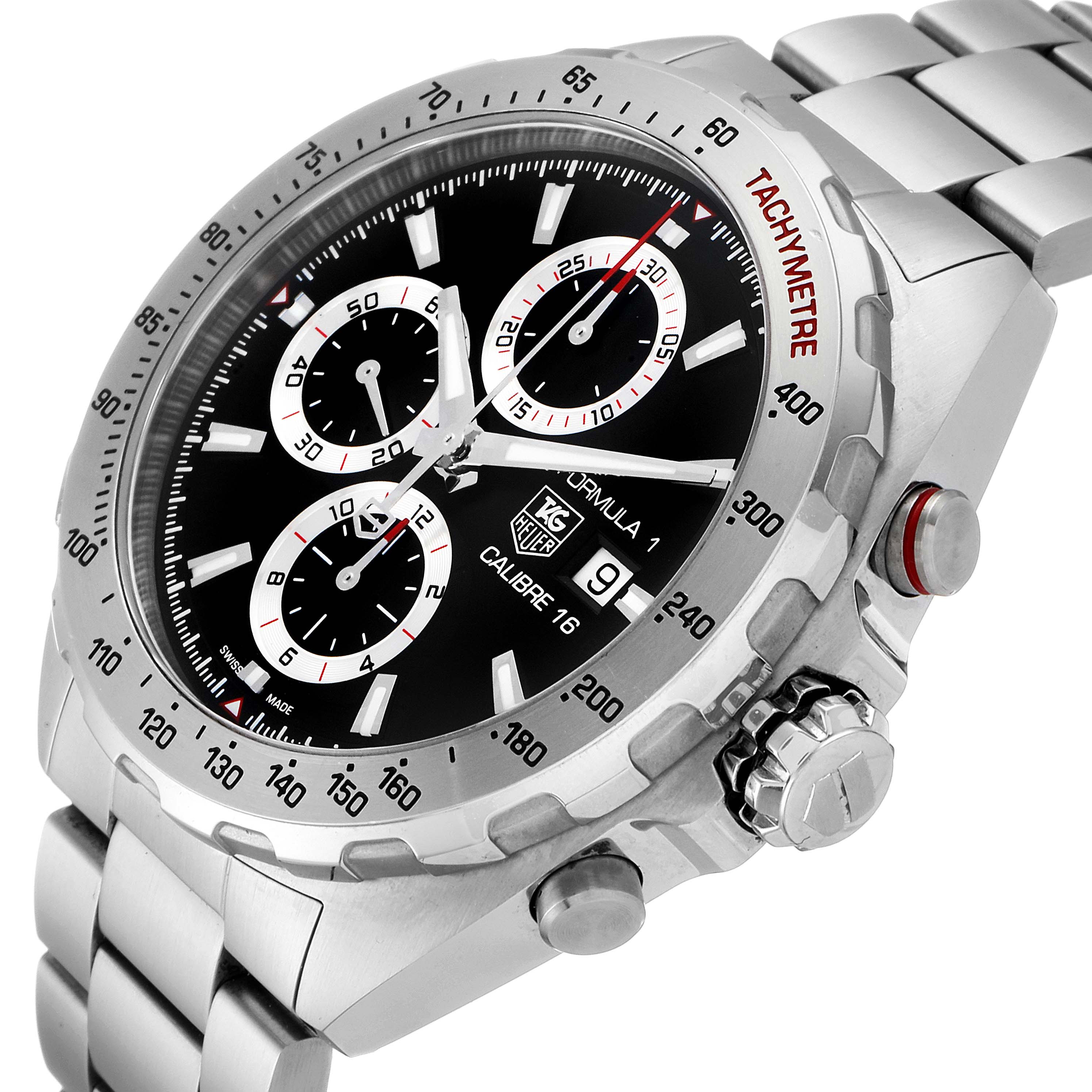 The image shows a close-up angle of a Tag Heuer Formula 1 CAZ2010.BA0876 Men's Stainless Steel Black Dial CAZ2010.BA0876 Men's Stainless Steel Black Dial watch, highlighting the face, tachymeter bezel, and side buttons.