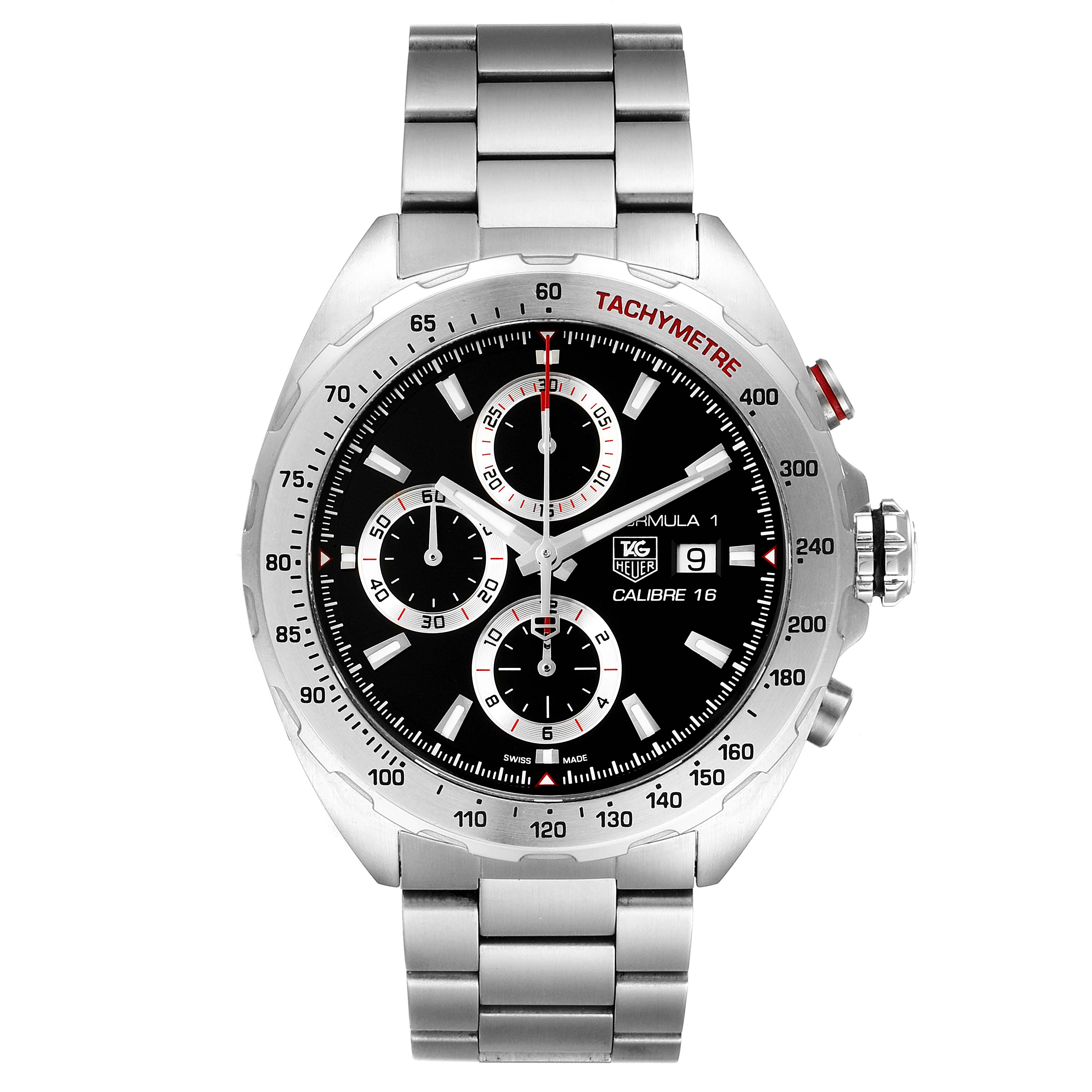 The image shows a full frontal view of the Tag Heuer Formula 1 CAZ2010.BA0876 Men's Stainless Steel Black Dial CAZ2010.BA0876 Men's Stainless Steel Black Dial watch with a black dial, chronograph subdials, and a stainless steel bracelet.