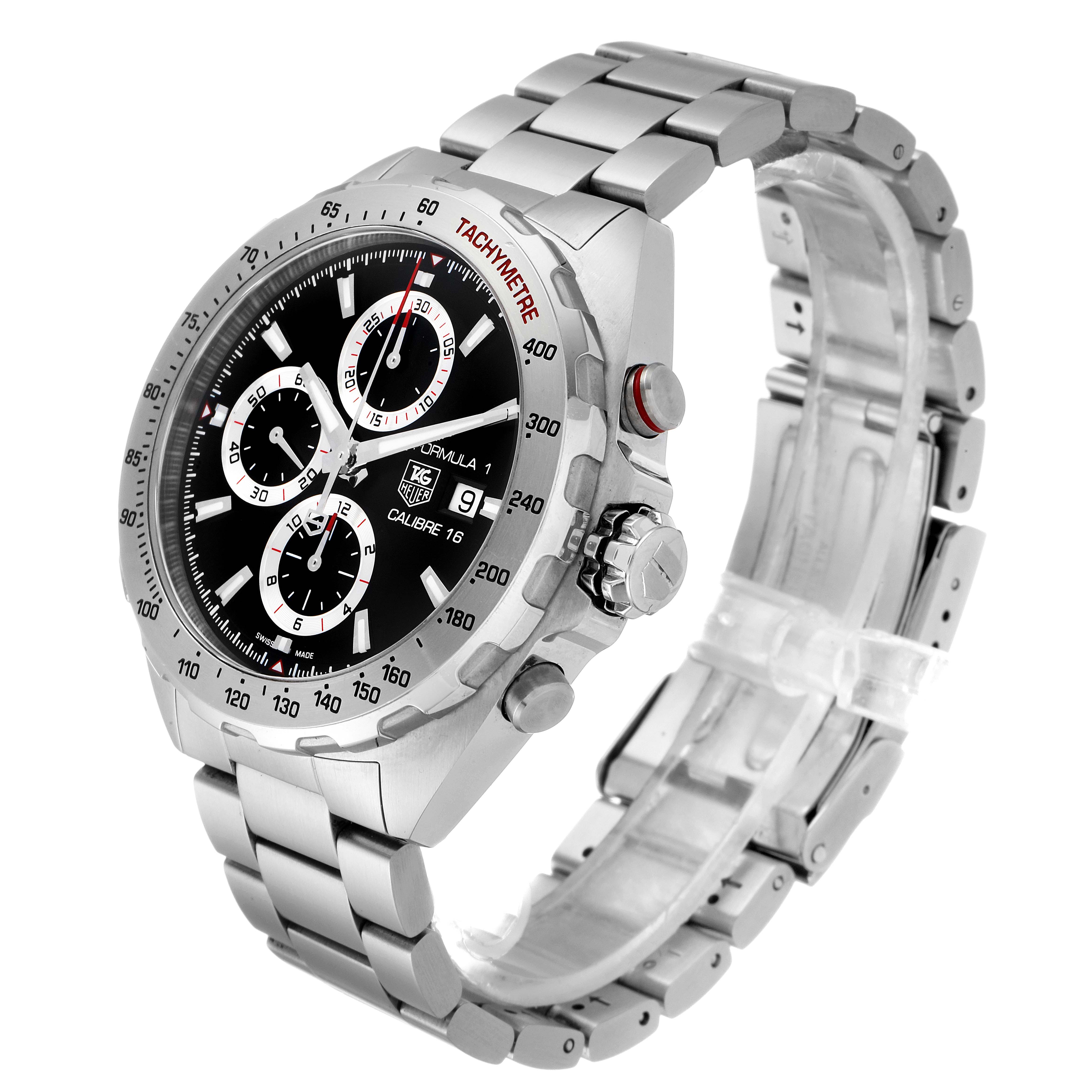 The image shows a side angle of the Tag Heuer Formula 1 CAZ2010.BA0876 Men's Stainless Steel Black Dial CAZ2010.BA0876 Men's Stainless Steel Black Dial watch, highlighting its dial, bezel, buttons, and bracelet.